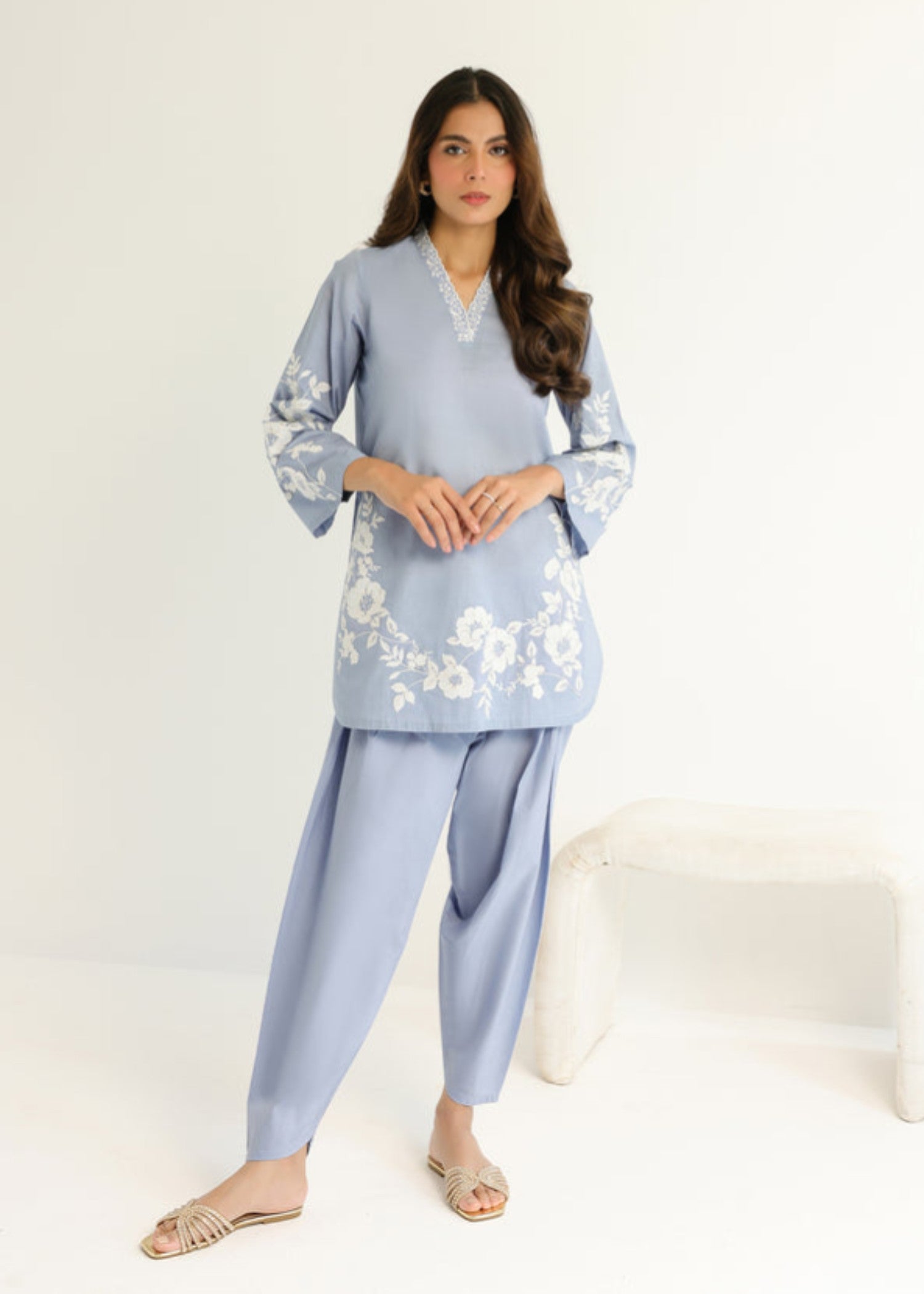 cambric Kurta Set in Light blue