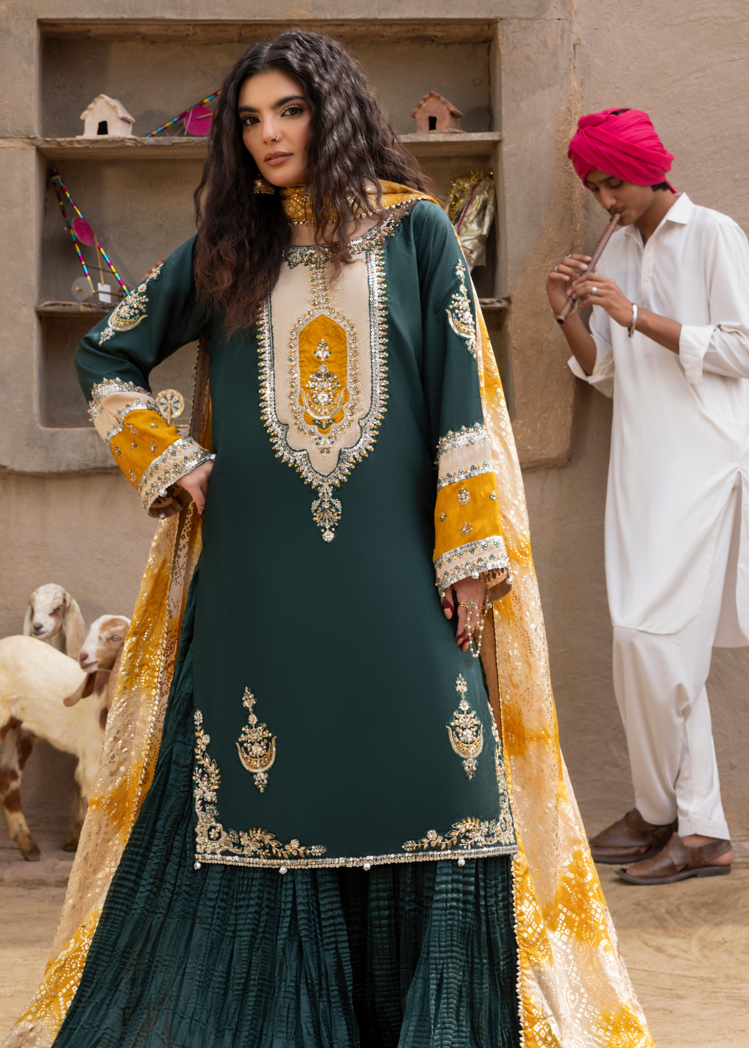 korean raw silk Sharara in Emerald green