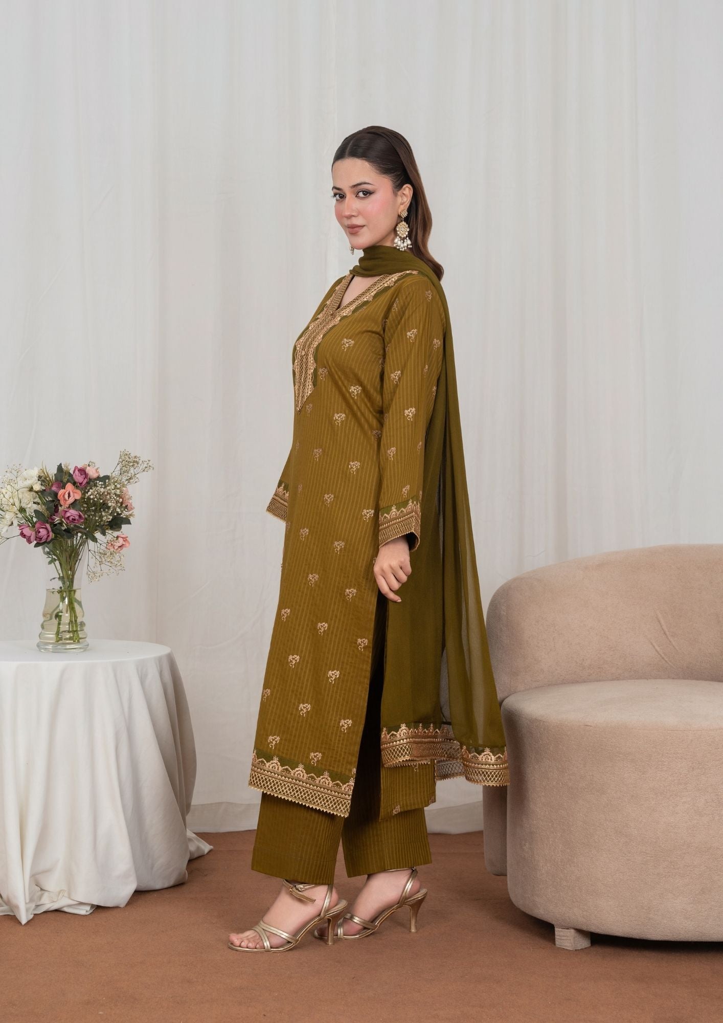 lawn Kurta Set in Golden brown