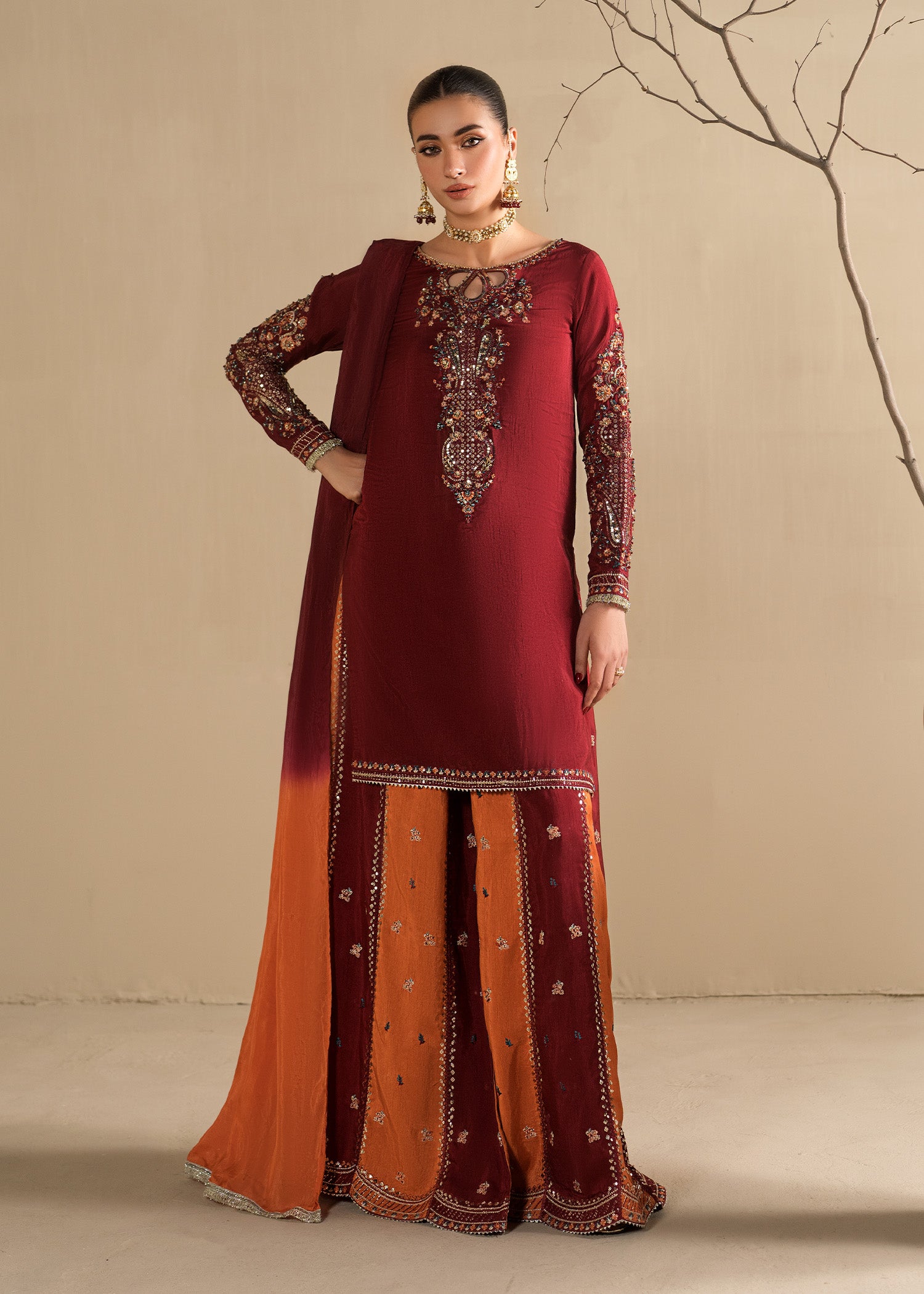 raw silk Sharara in Maroon