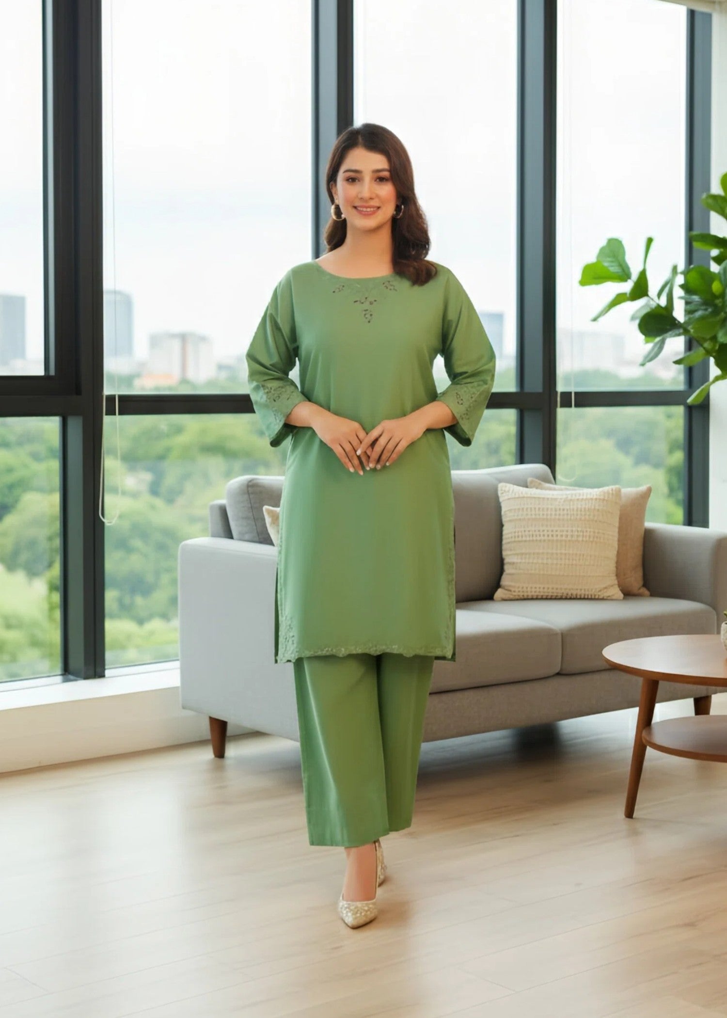 linen Kurta Set in Moss green