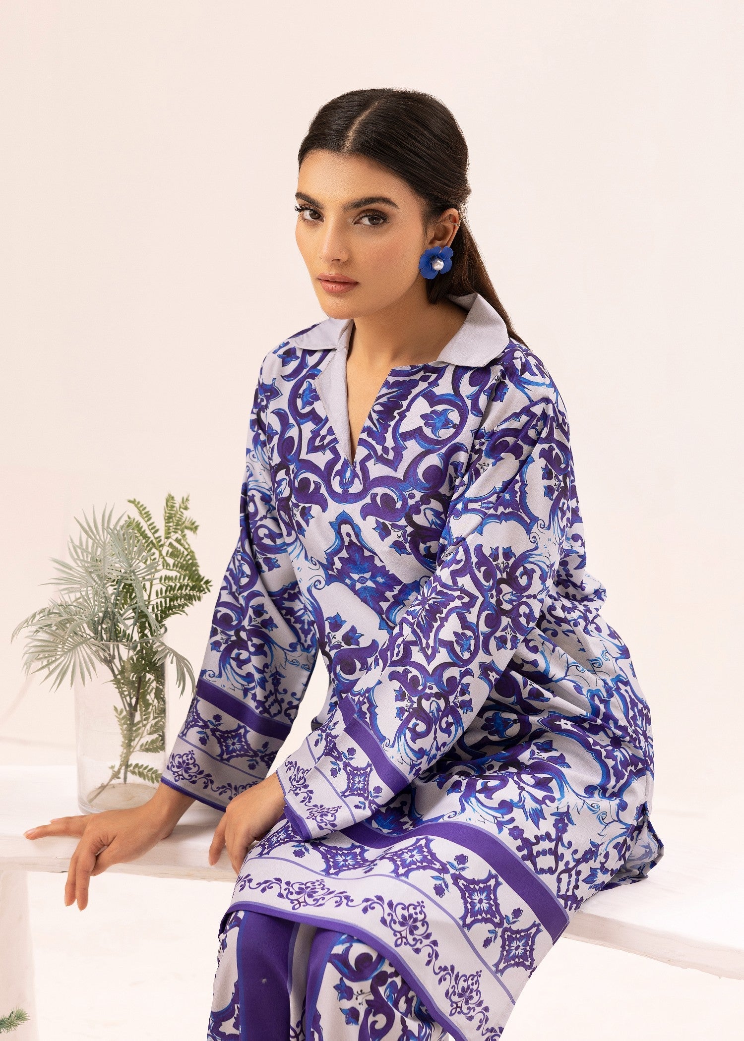 lawn Co Ord Sets in White, purple heart