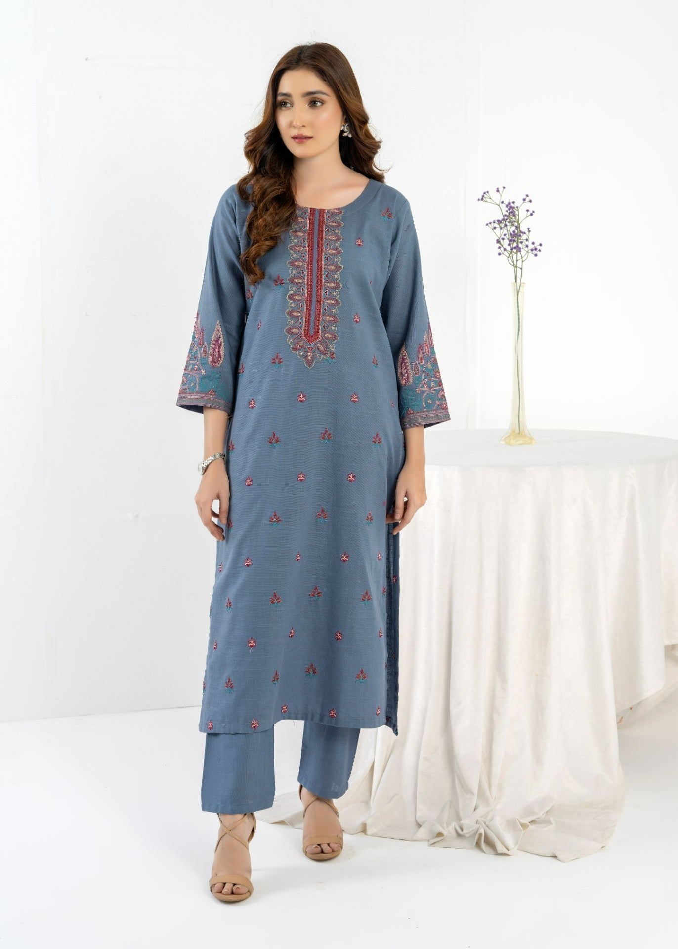 slub khaddar Kurta Set in Slate grey