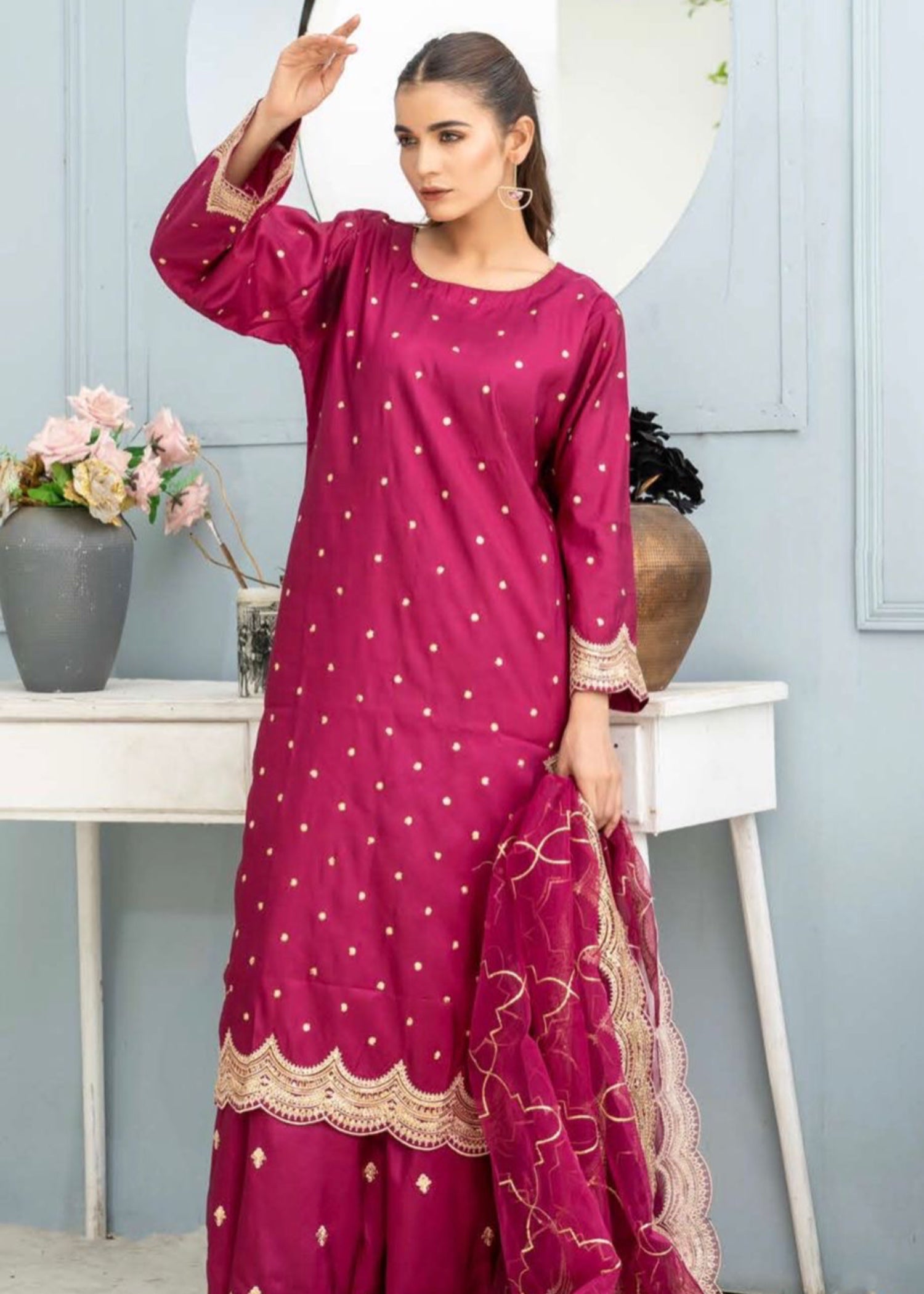 kattan silk Kurta Set in Ruby red