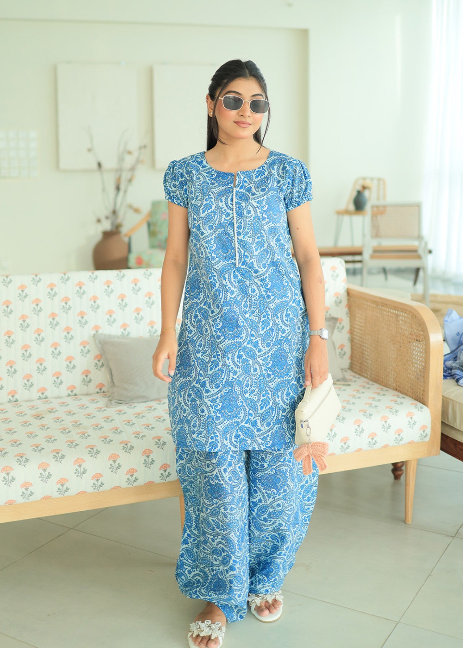 lawn Co Ord Sets in Sapphire blue, off-white