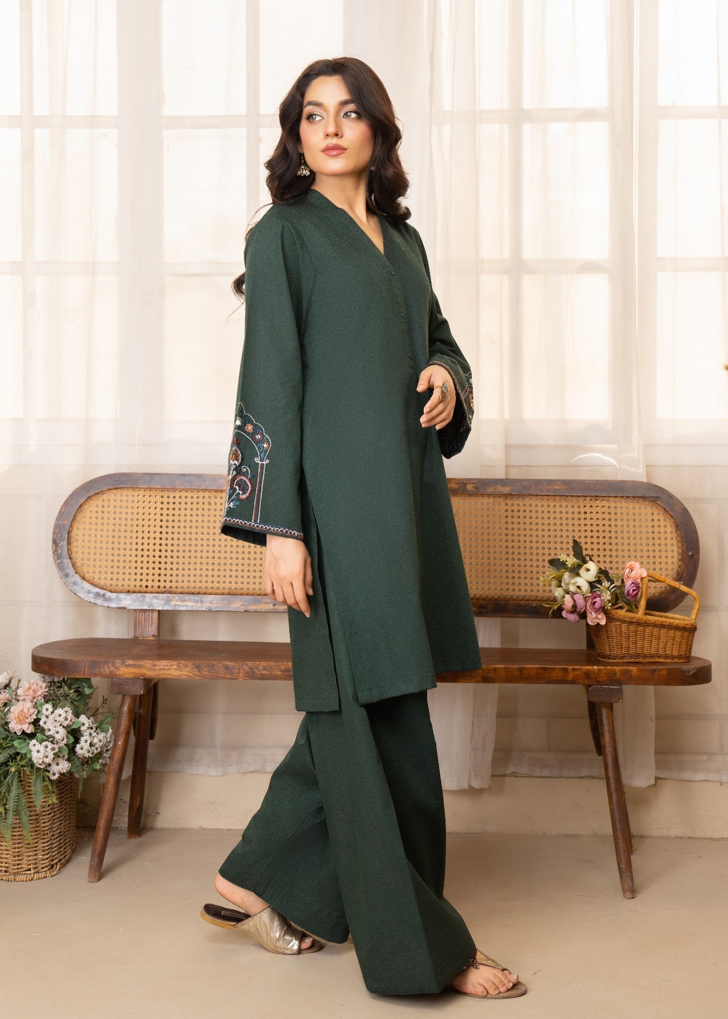 twill khaddar Kurta Set in Dark green