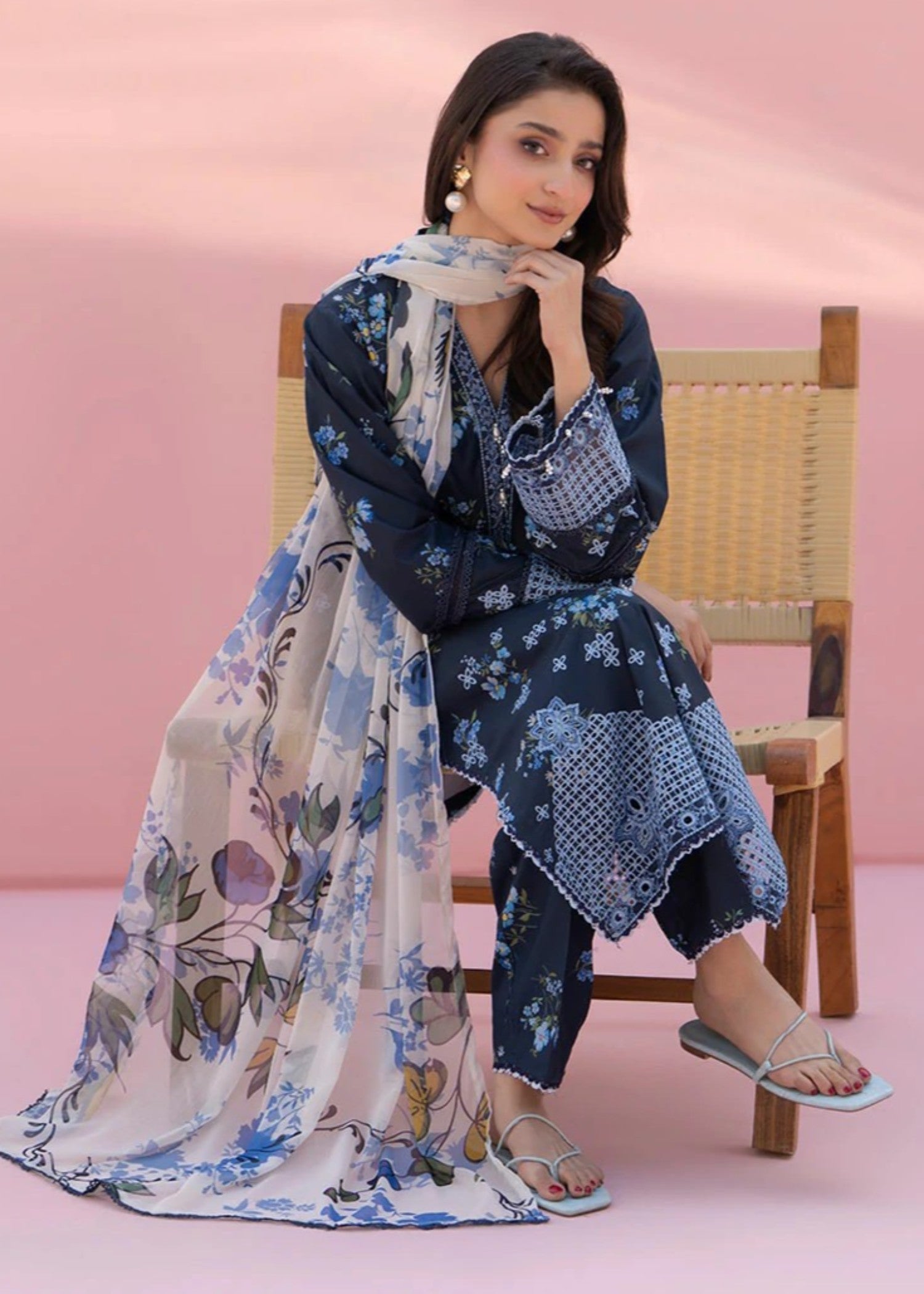 cambric Kurta Set in Midnight blue