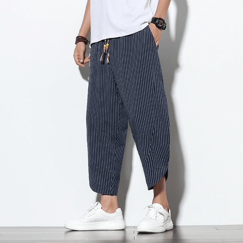 Chinese Style Cotton and Linen Pants Striped plus Size Loose Harem Bloomers Men