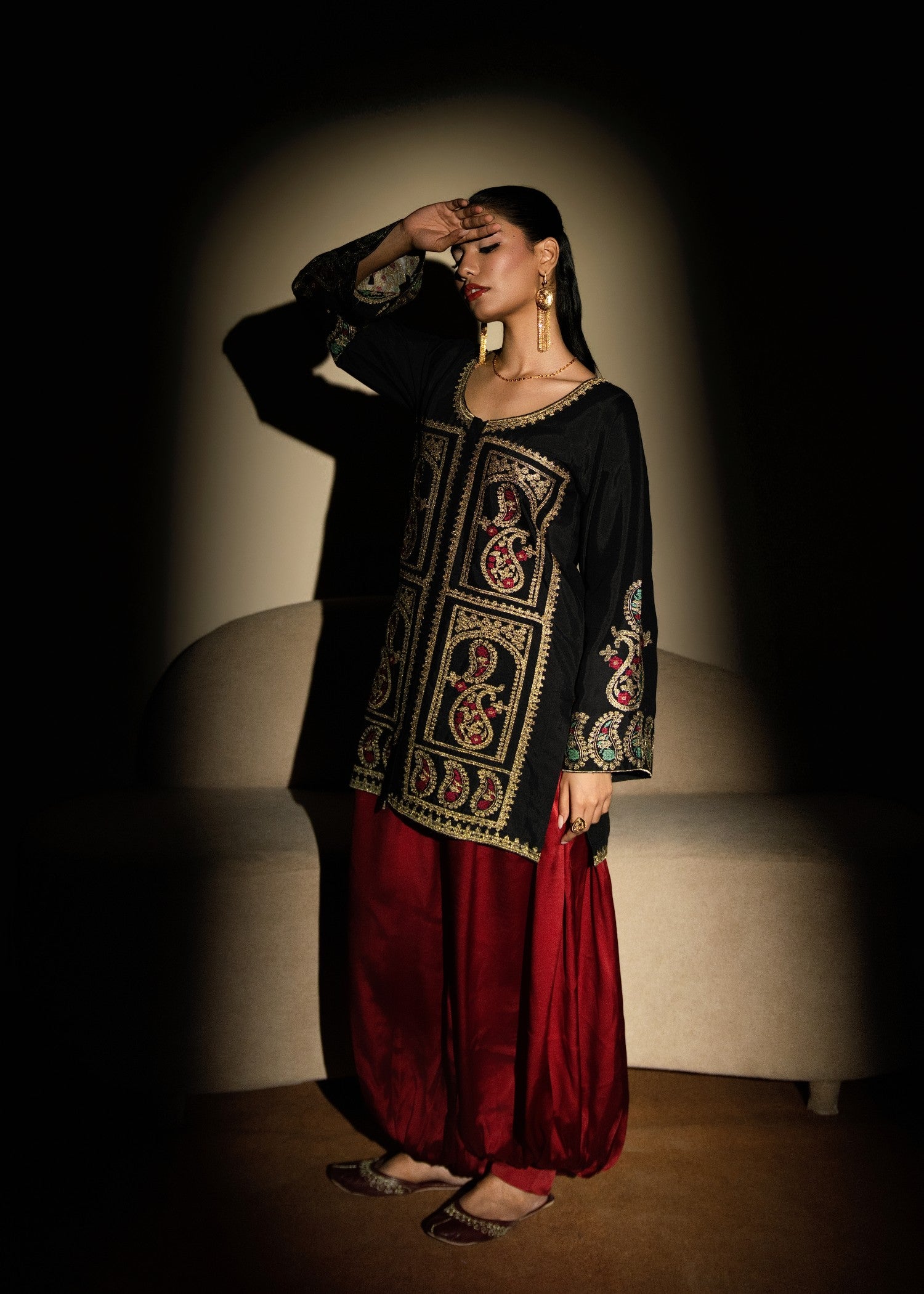 silk Kurta Set in Black, maroon