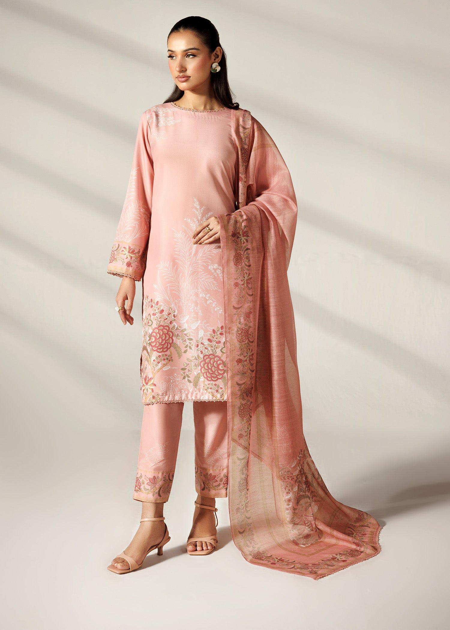 silk finish lawn Kurta Set in Peach pink