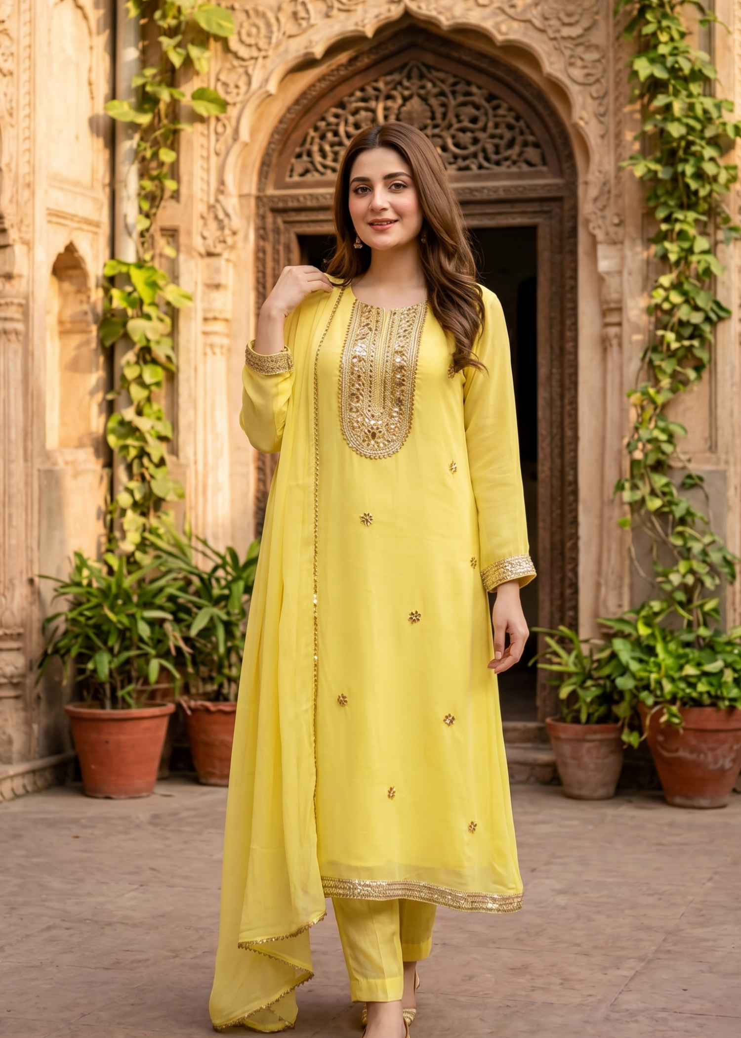 chiffon Anarkali in Lemon