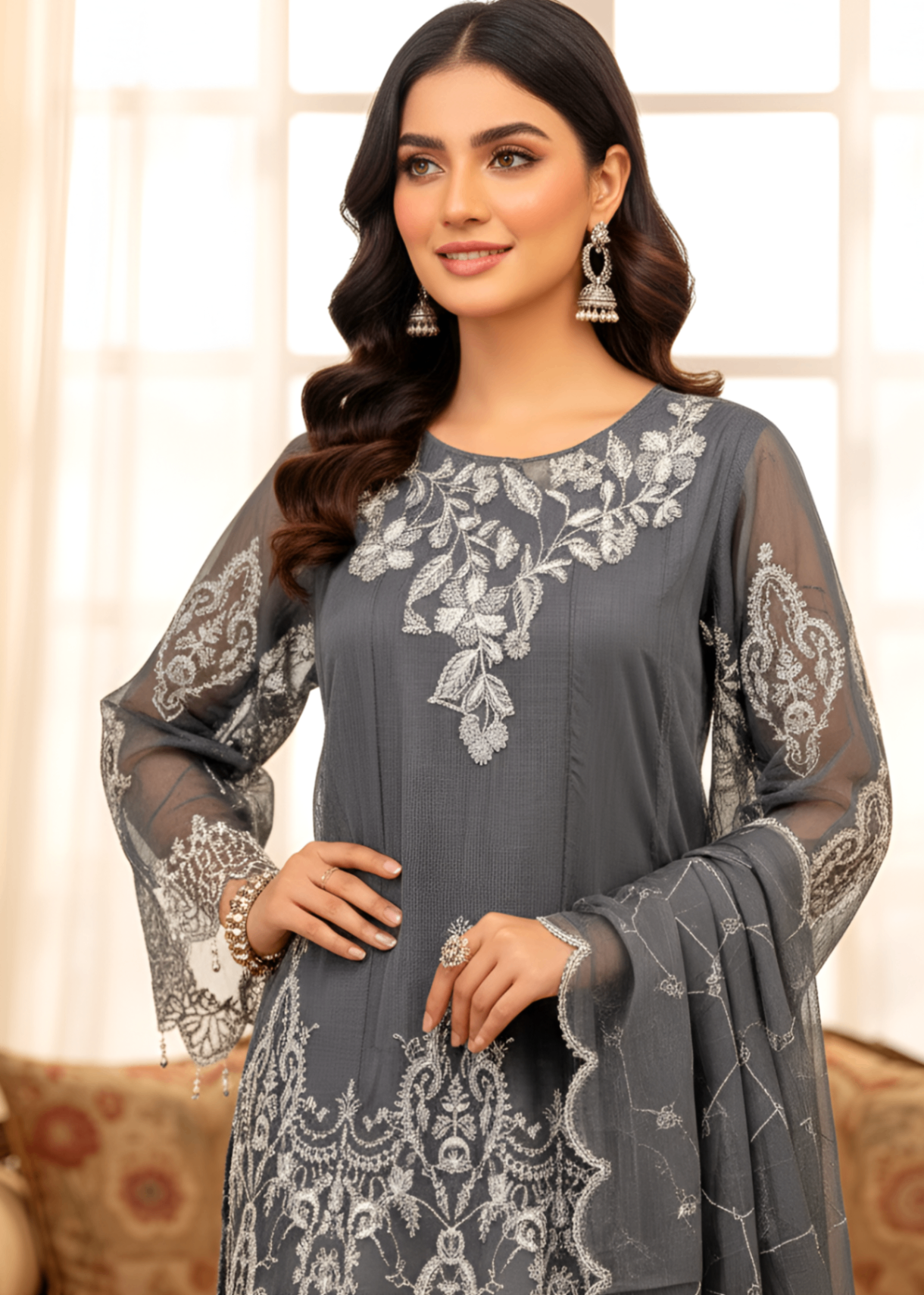 khaddi net Short Frock in Grey