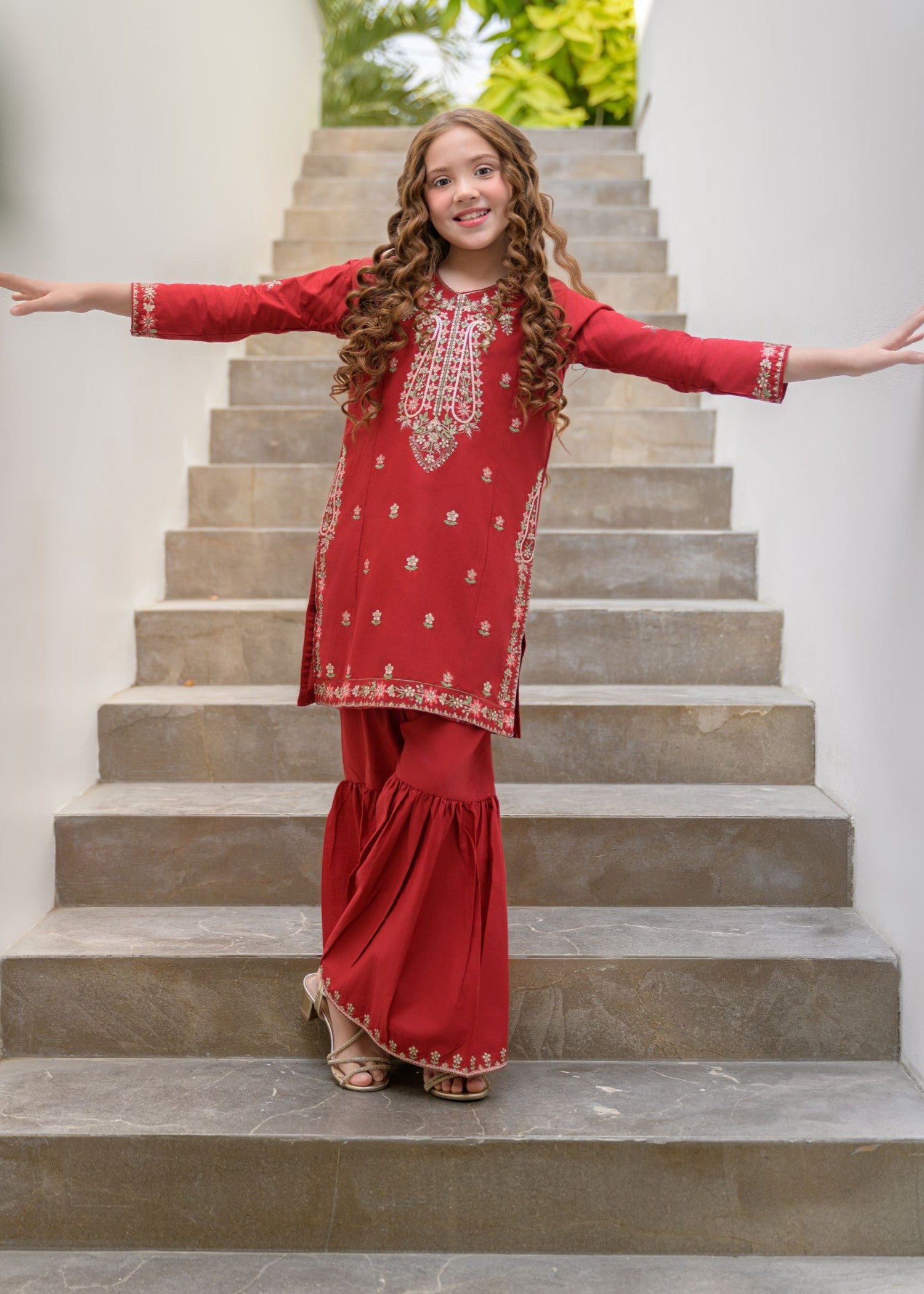 lawn Gharara in Red