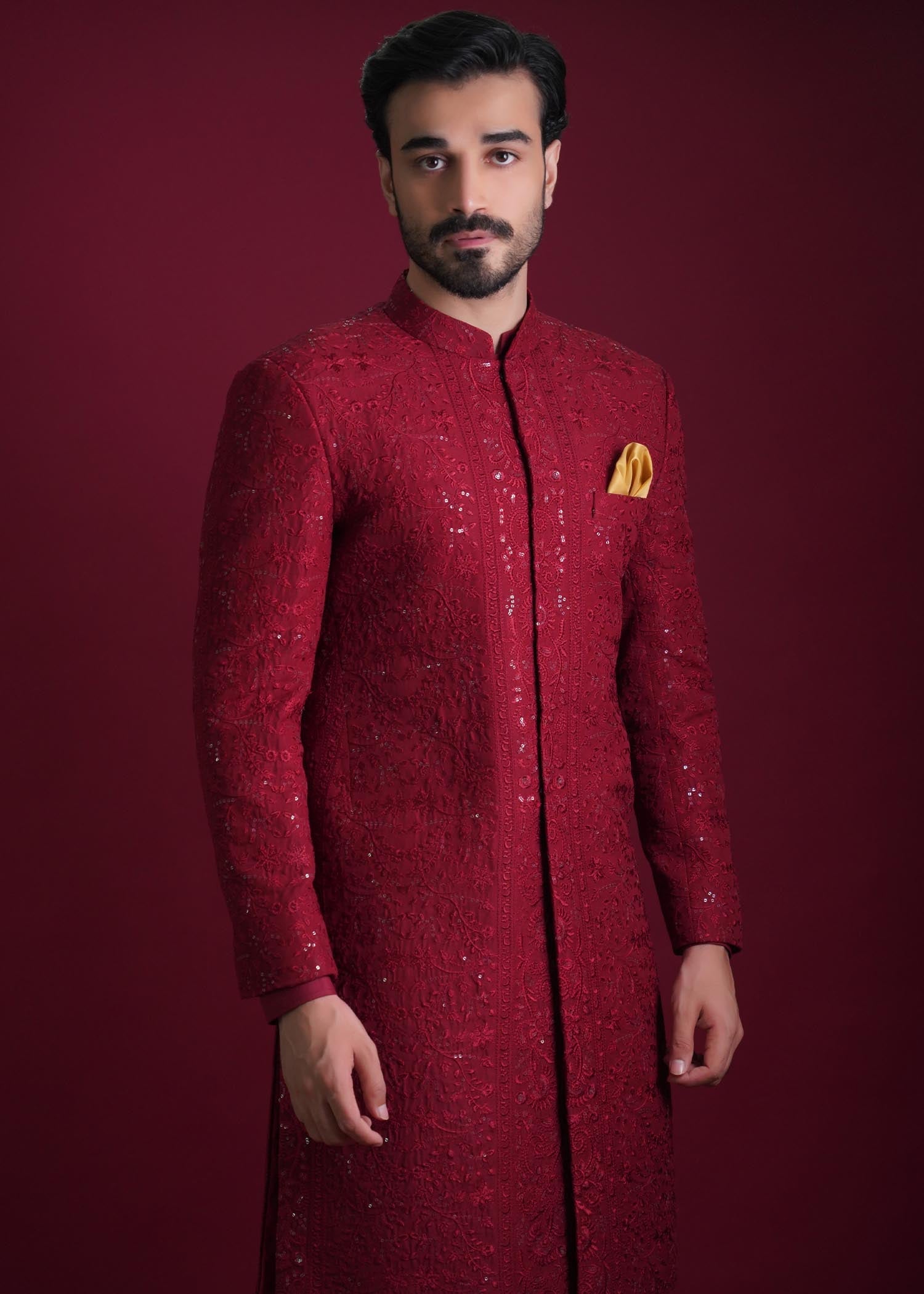 silk Sherwani in Maroon