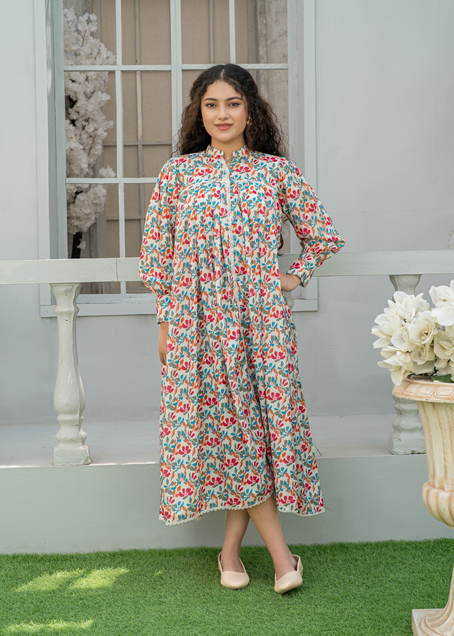 arabic lawn Frock in Beige