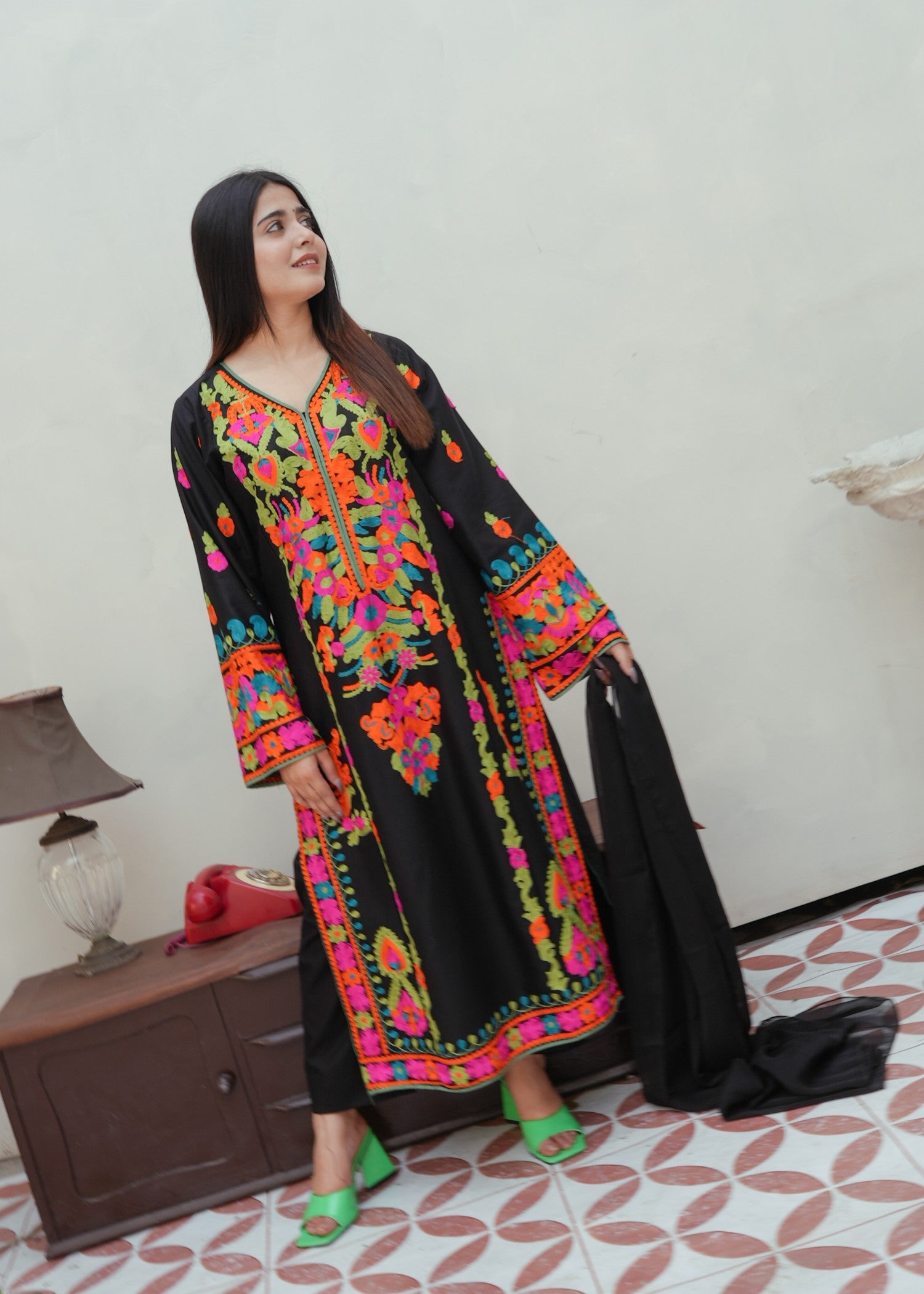 cotton Kurta Set in Black, multi