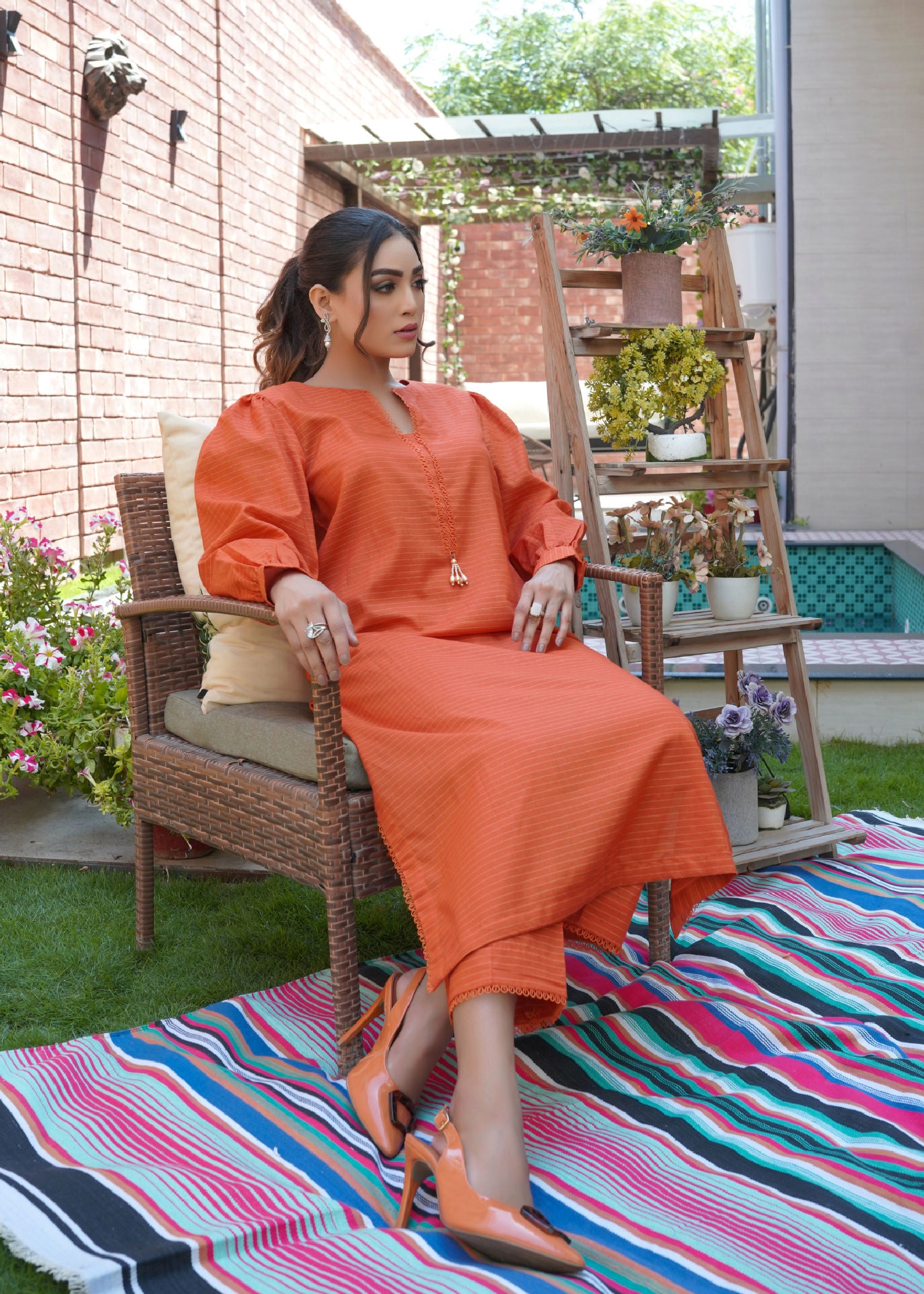 zari lawn Co Ord Sets in Rust orange