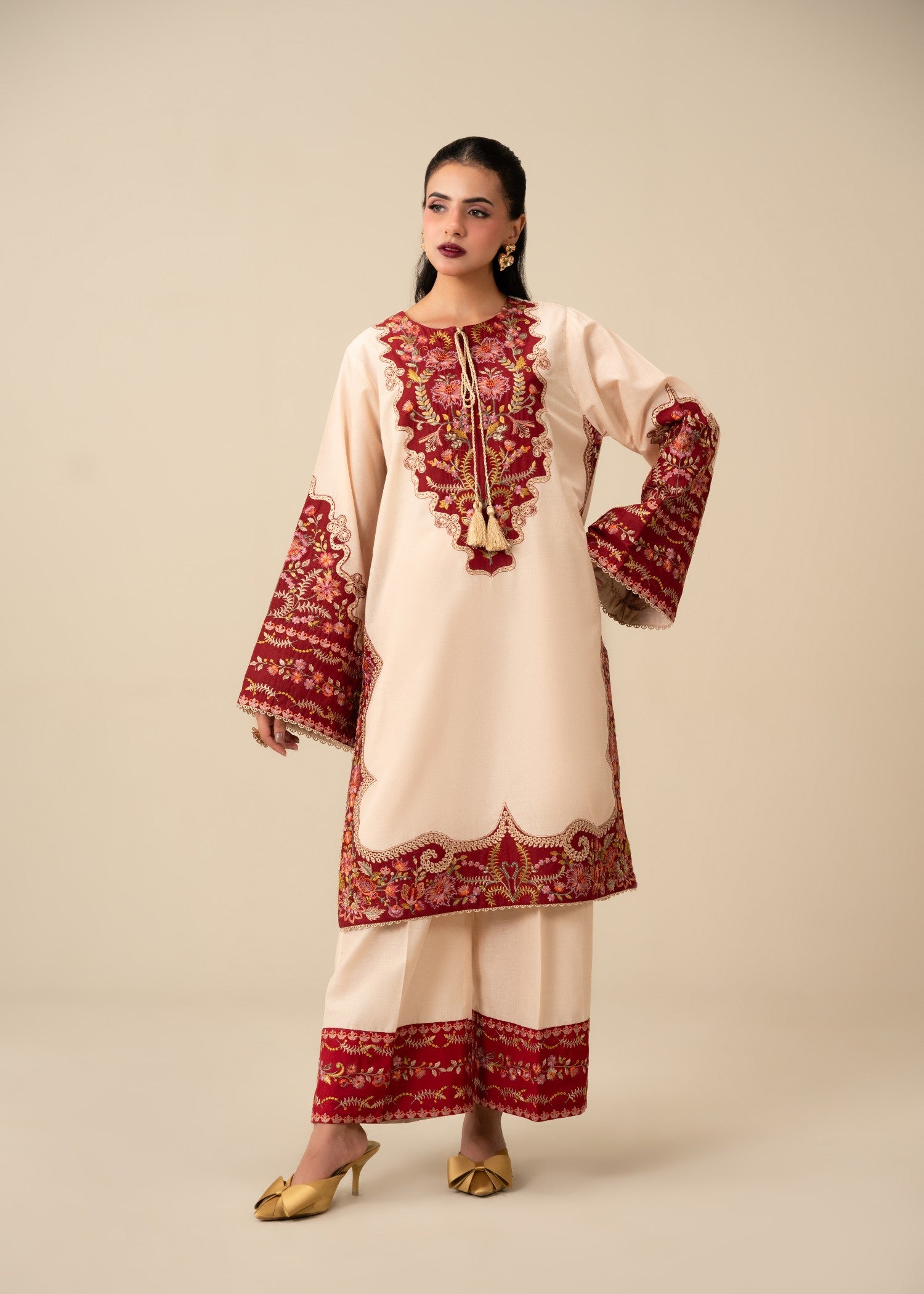 lawn Kurta Set in Maroon, cream