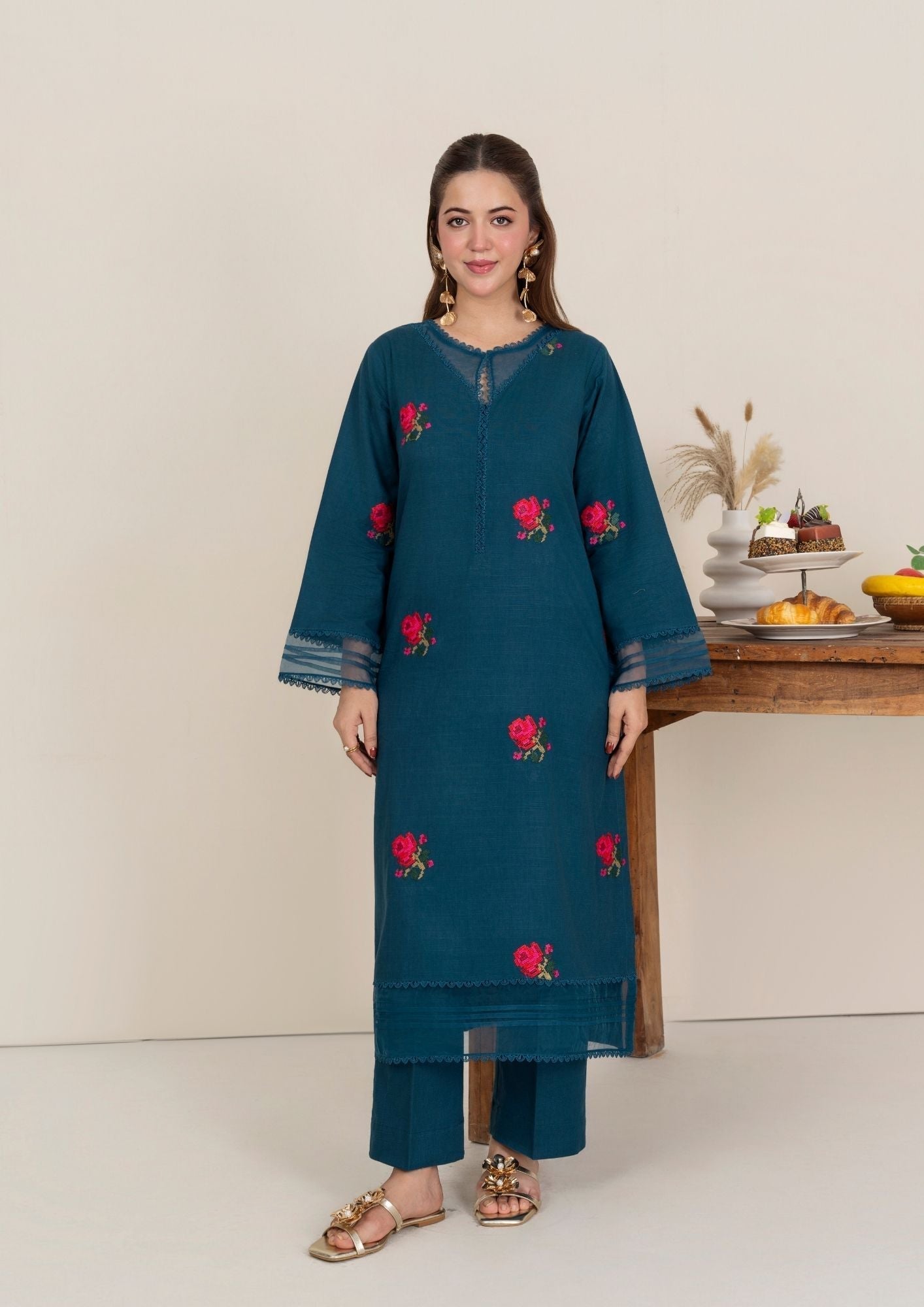 khaddar Kurta Set in Teal