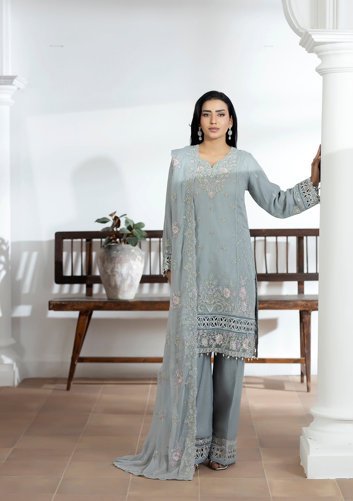 chiffon Kurta Set in Ash grey