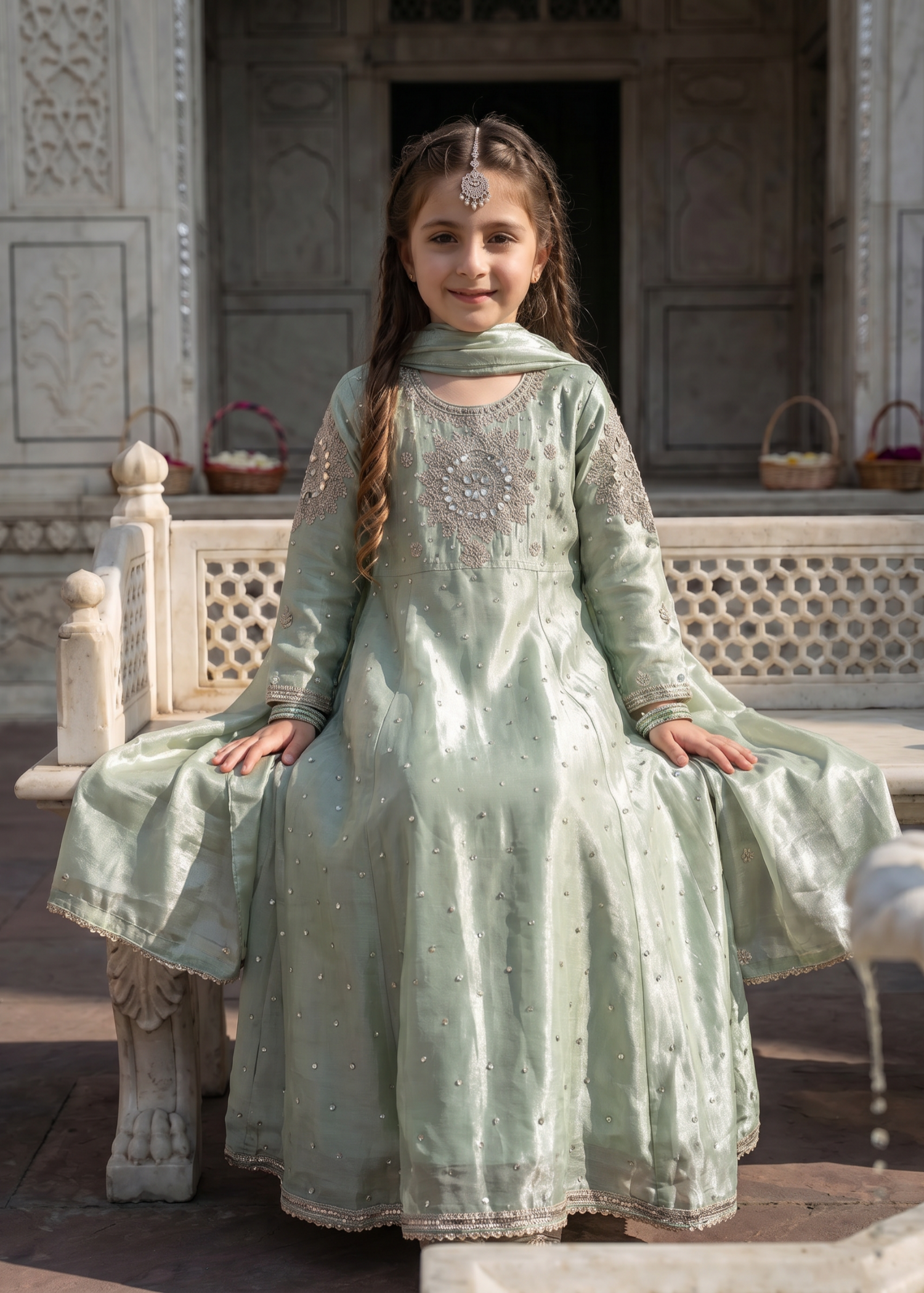 tissue silk Pishwas in Pistachio green