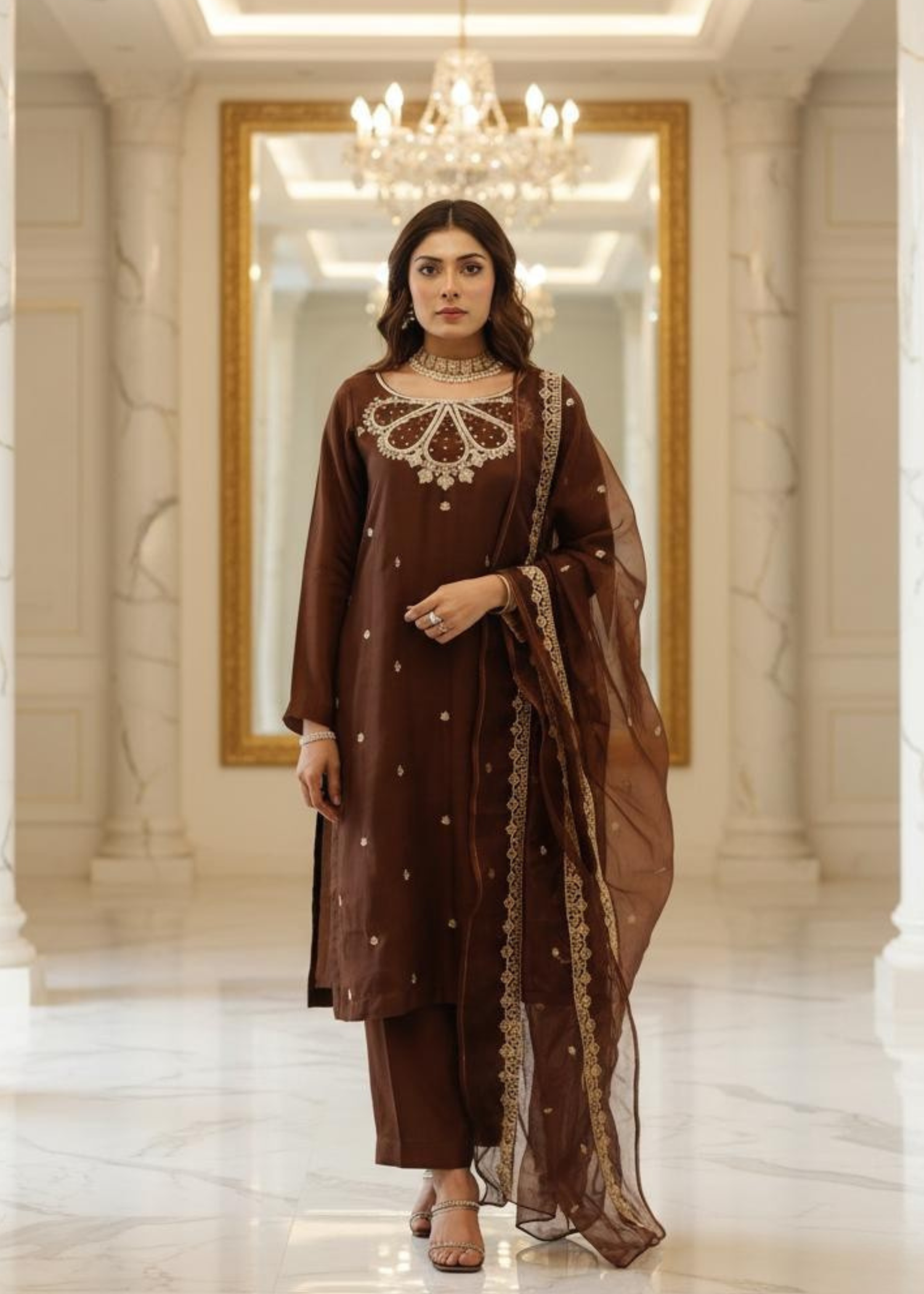 raw silk Kurta Set in Chocolate brown