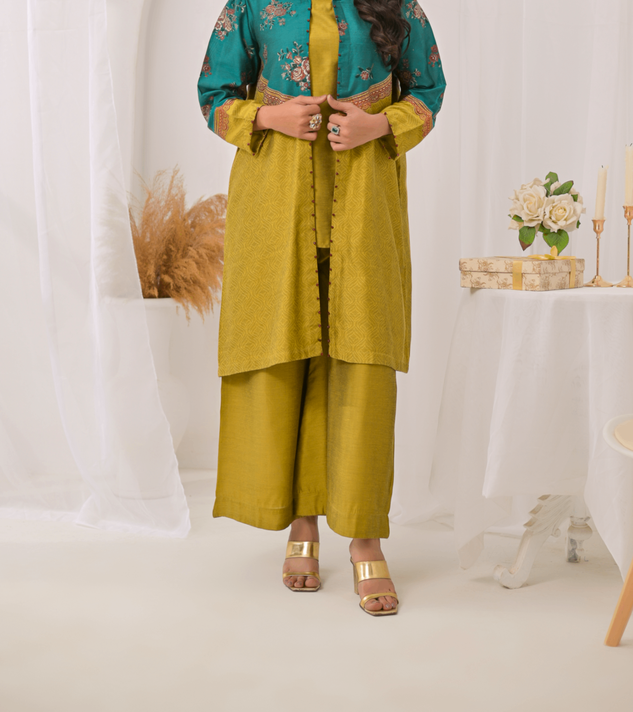 jacquard Gown in Goldenrod, parrot green