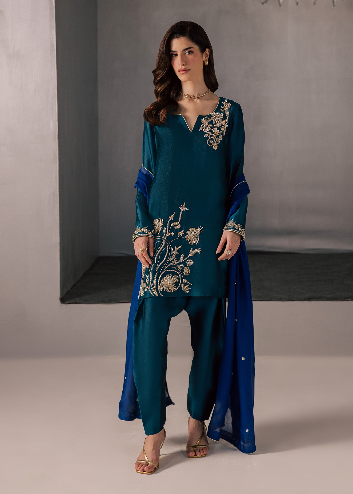 tussar silk Kurta Set in Teal