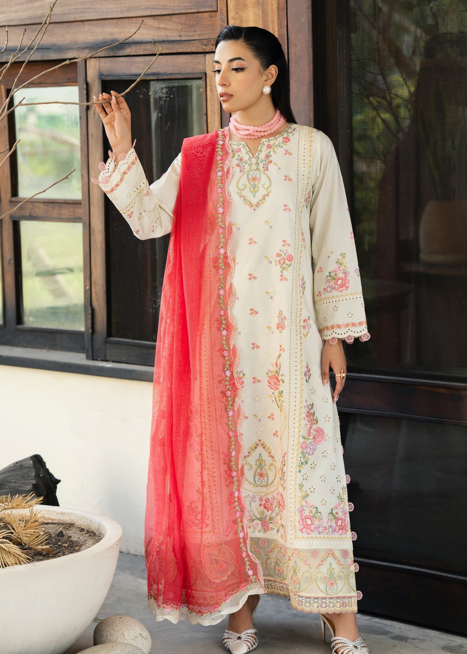 lawn Kurta Set in Shocking pink, cream
