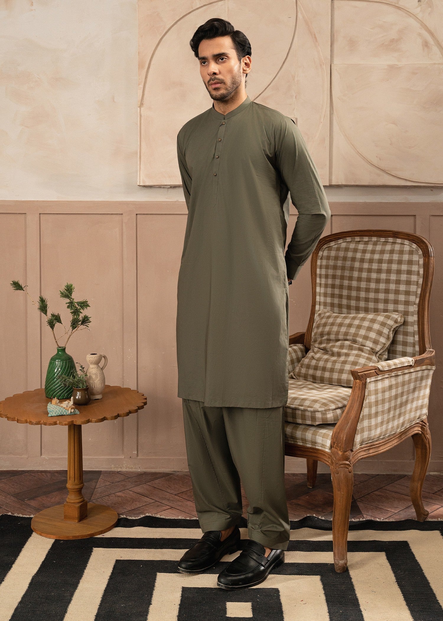 cotton Shalwar Kameez in Olive green