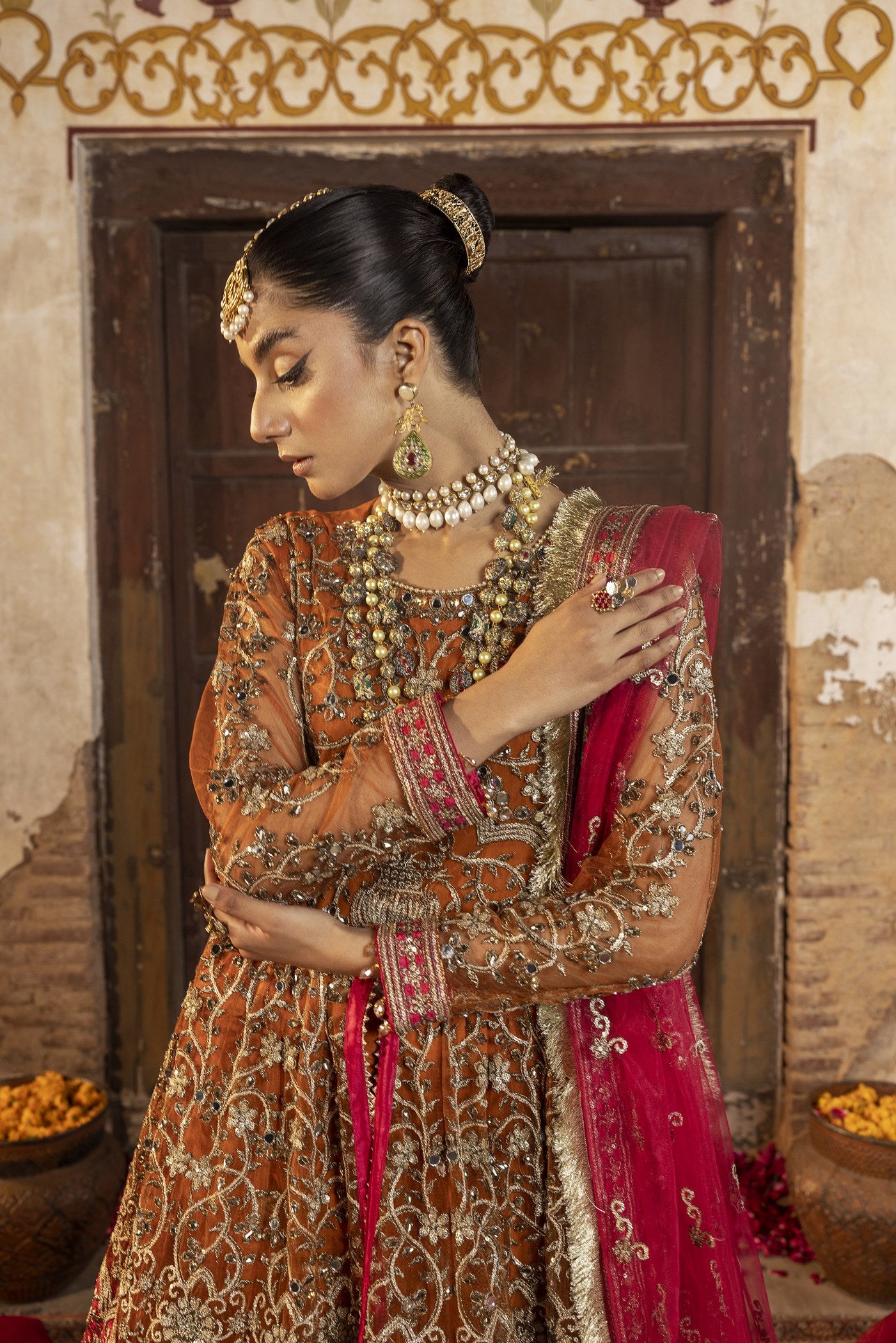 net Lehenga in Orange