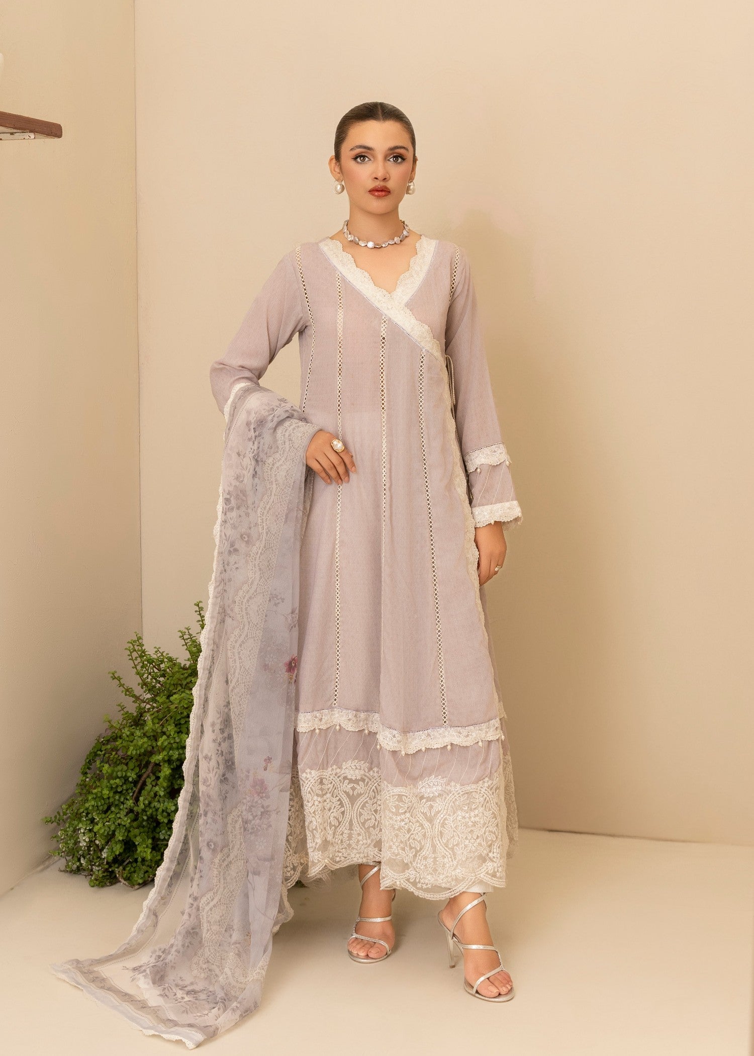 cotton karandi Angrakha in Pastel grey