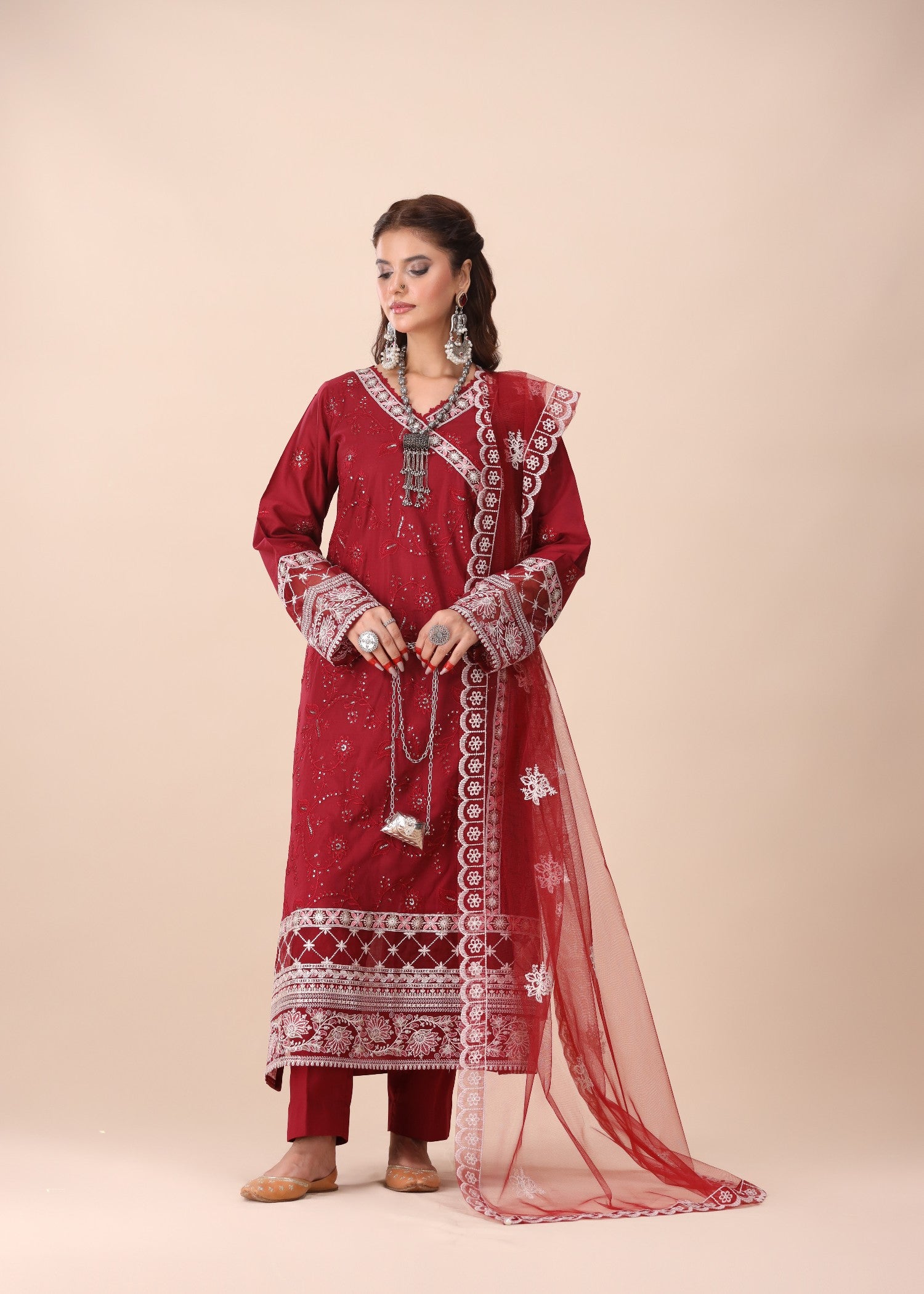 lawn Angrakha in Maroon