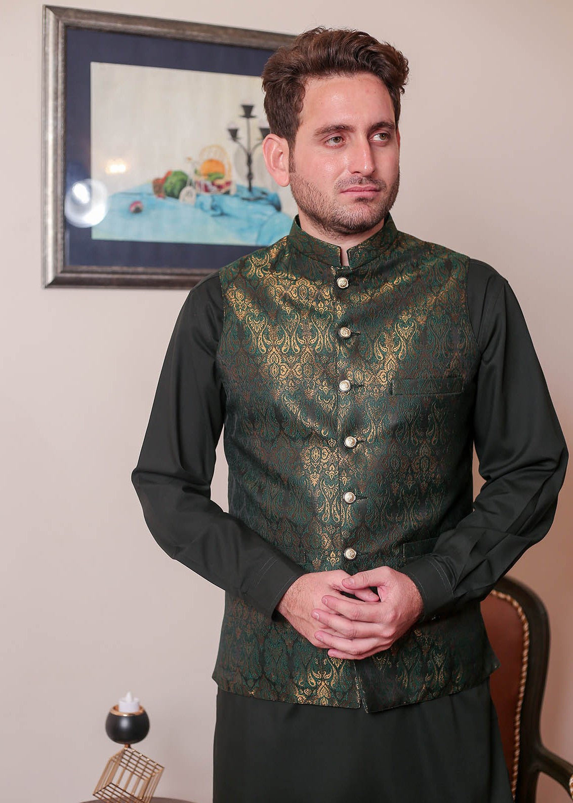 banarsi silk Waistcoat in Dark green