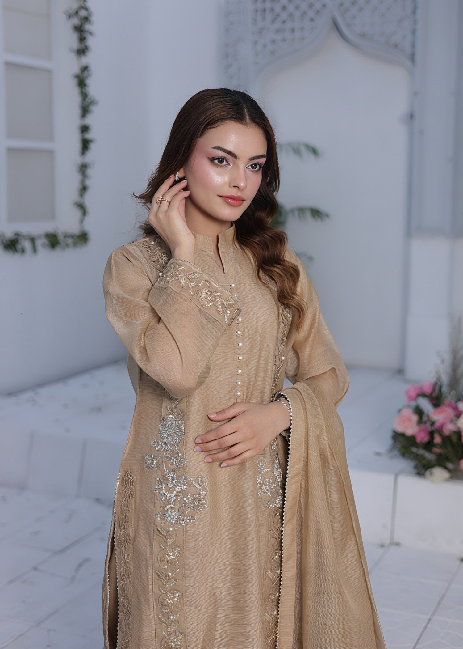 organza net Kurta Set in Tan brown