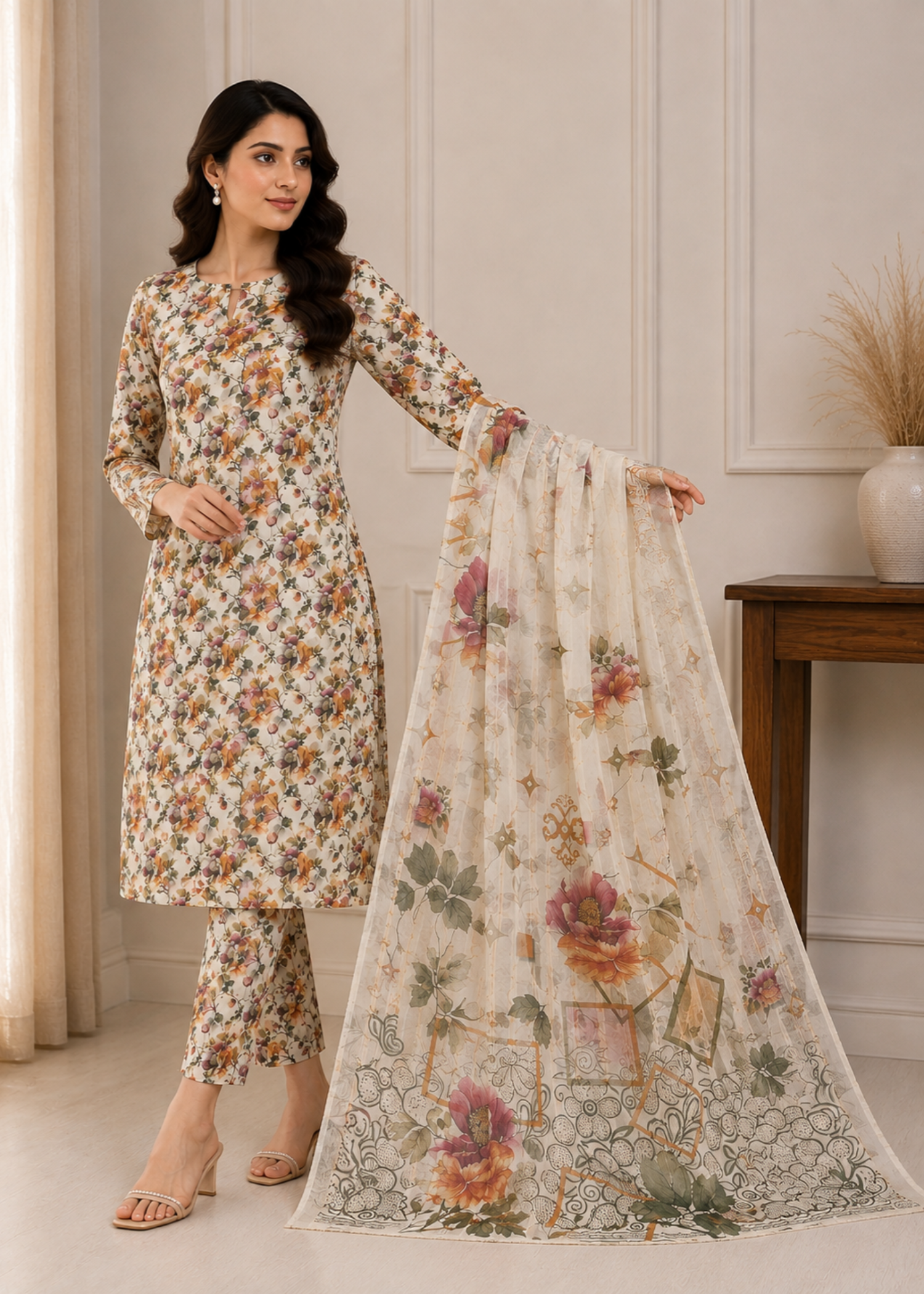 swiss lawn Unstitched in Cream