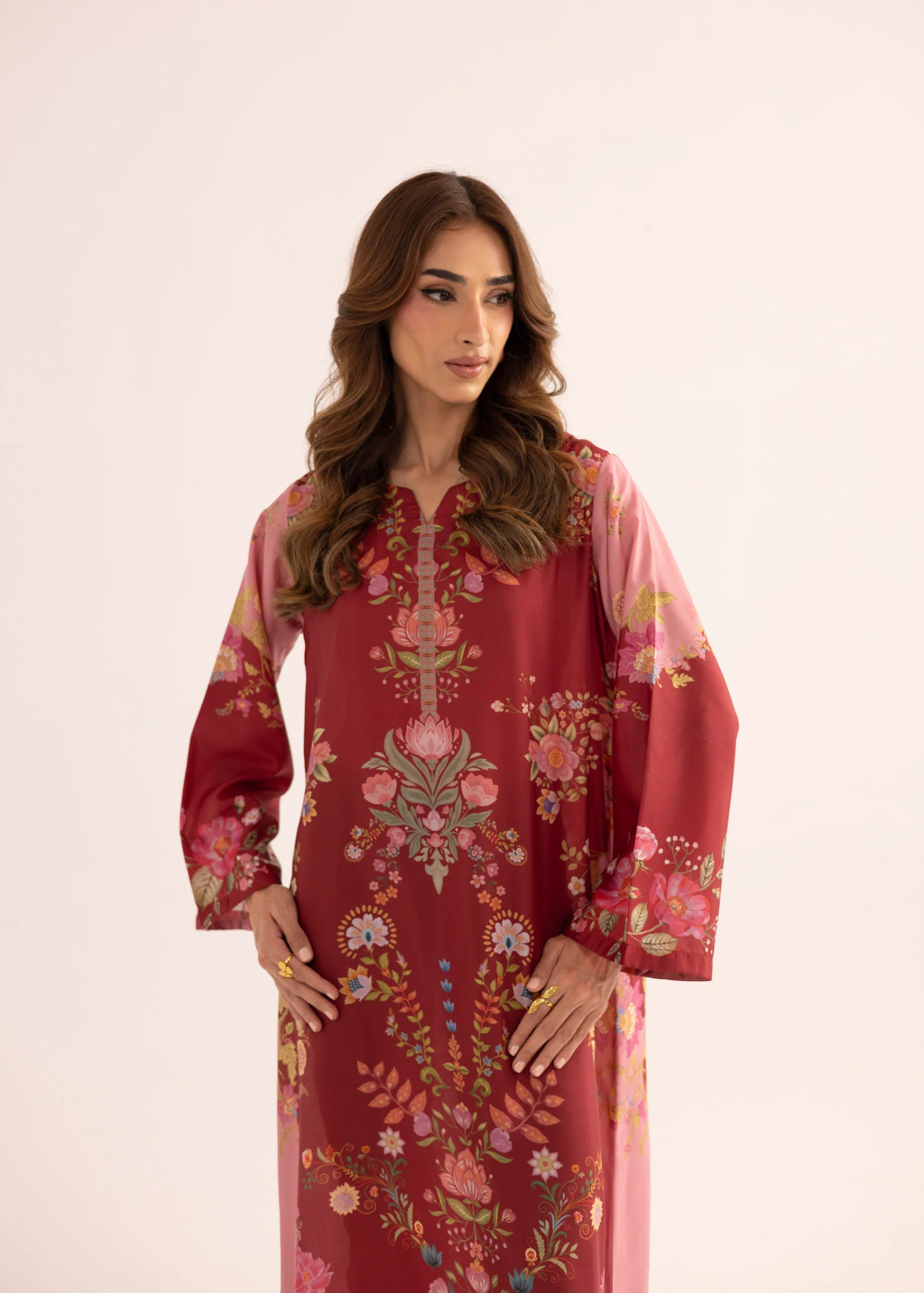silk finish lawn Kaftan in Blood red
