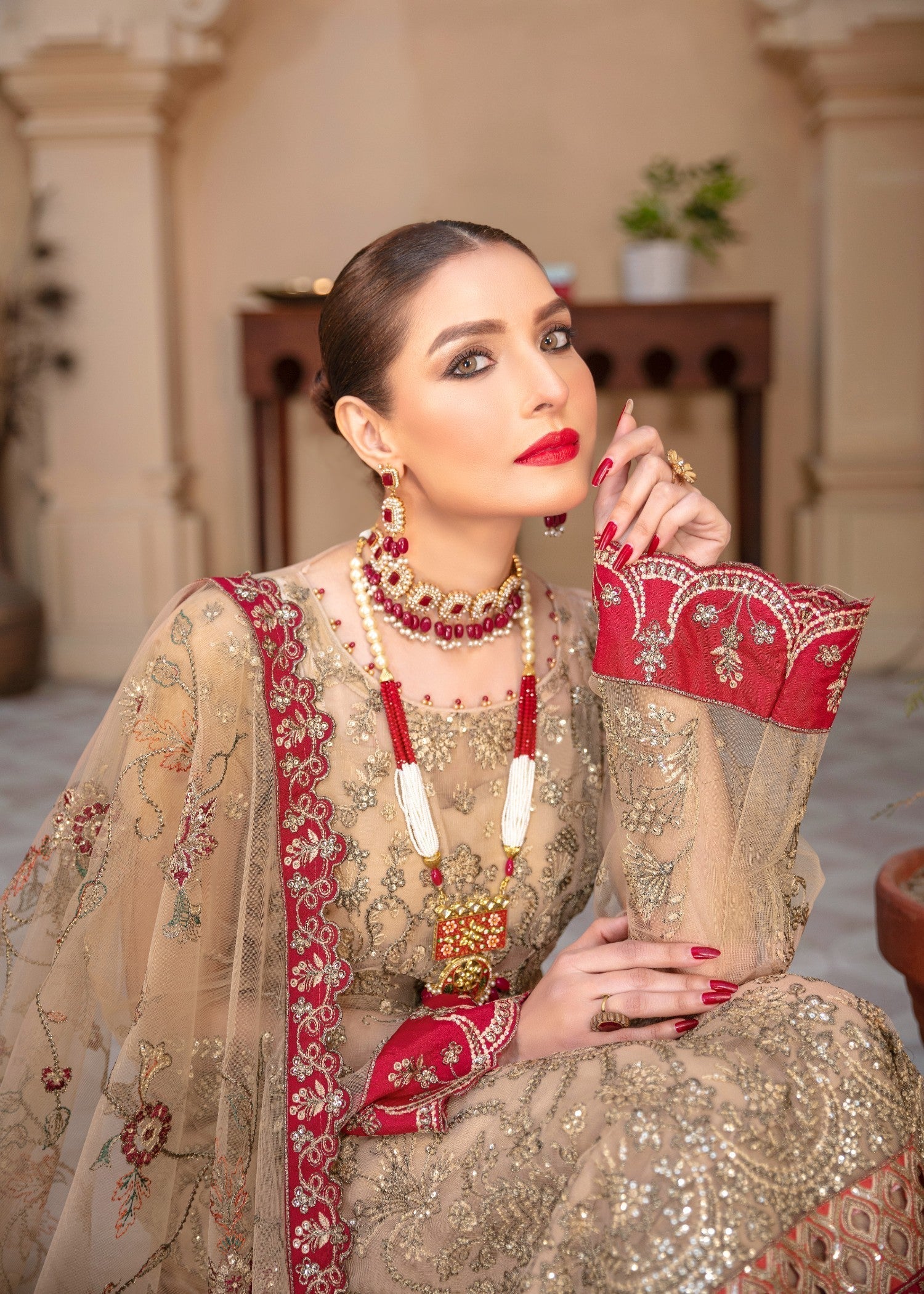 net Kurta Set in Beige