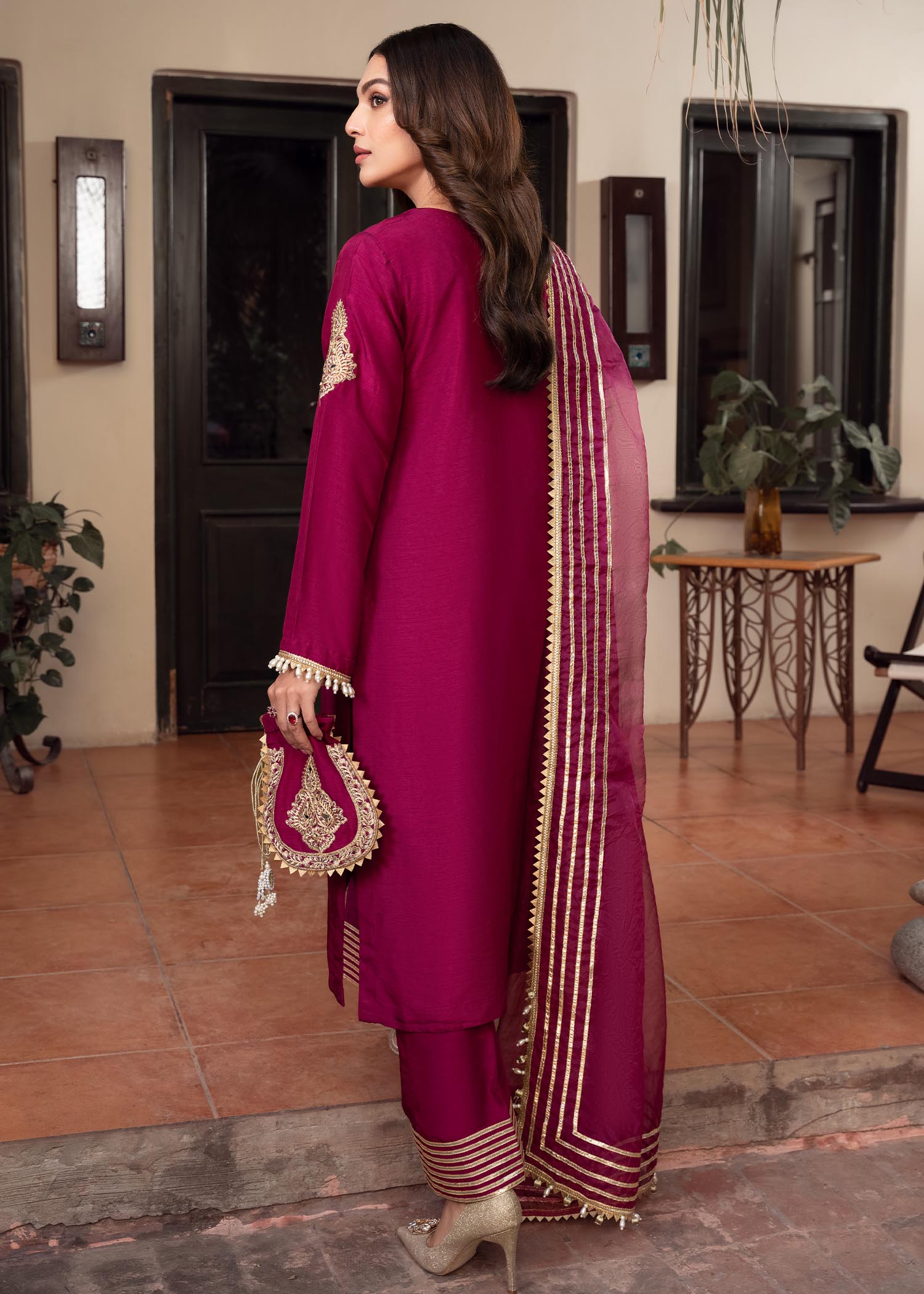 khaddi silk Kurta Set in Magenta
