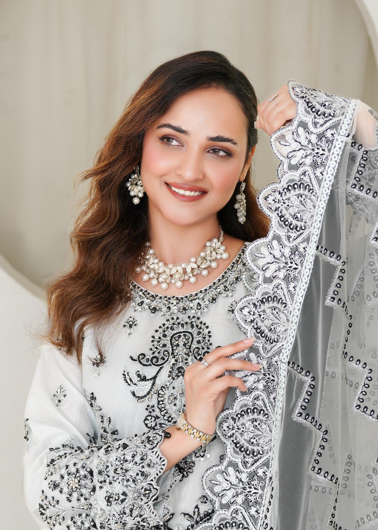 net Kurta Set in White