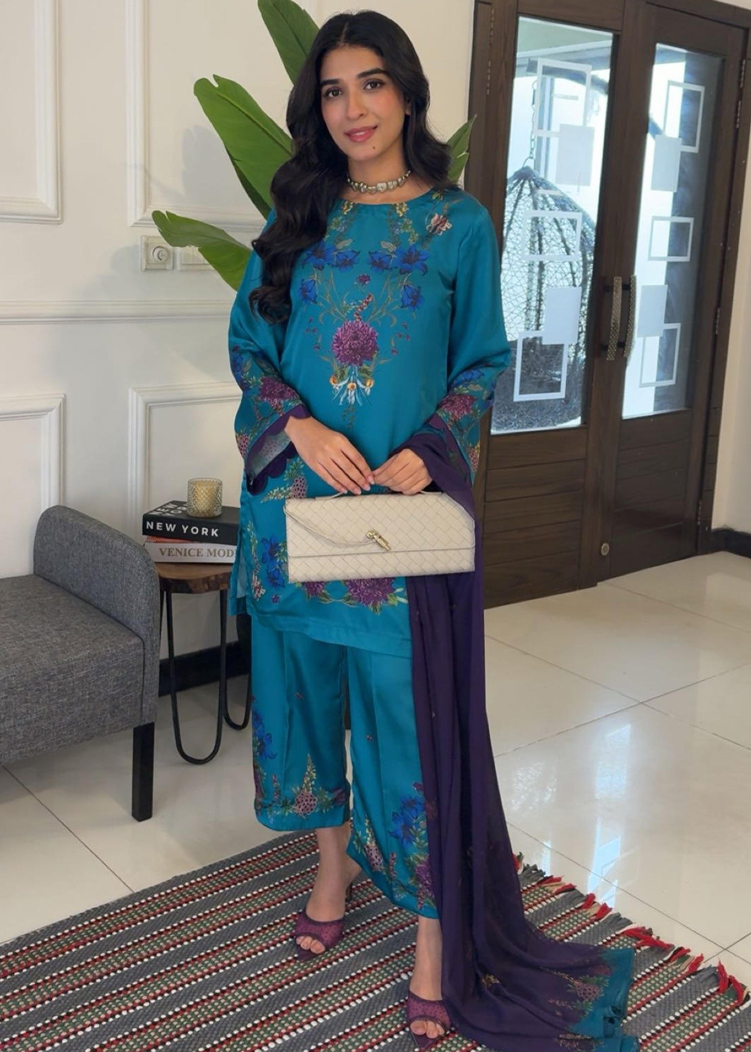 satin silk Kurta Set in Teal