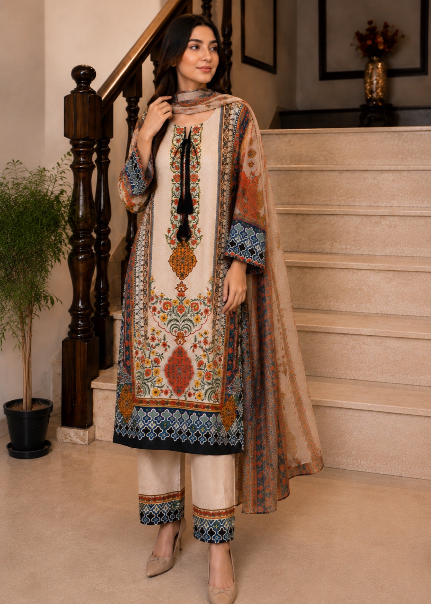 silk finish lawn Kurta Set in Multi, eggshell