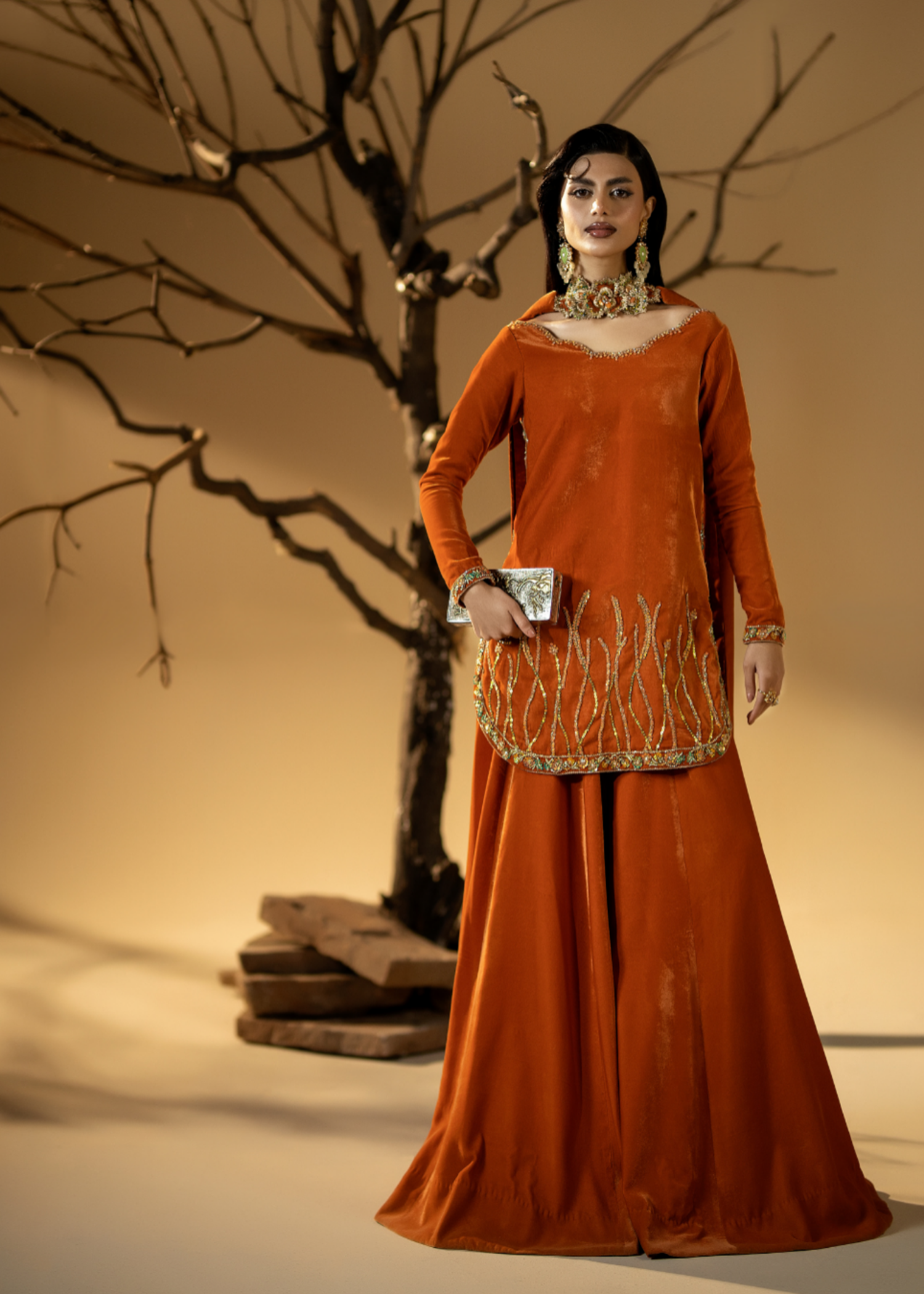 chinese micro velvet 9000 Kurta Set in Toffee orange