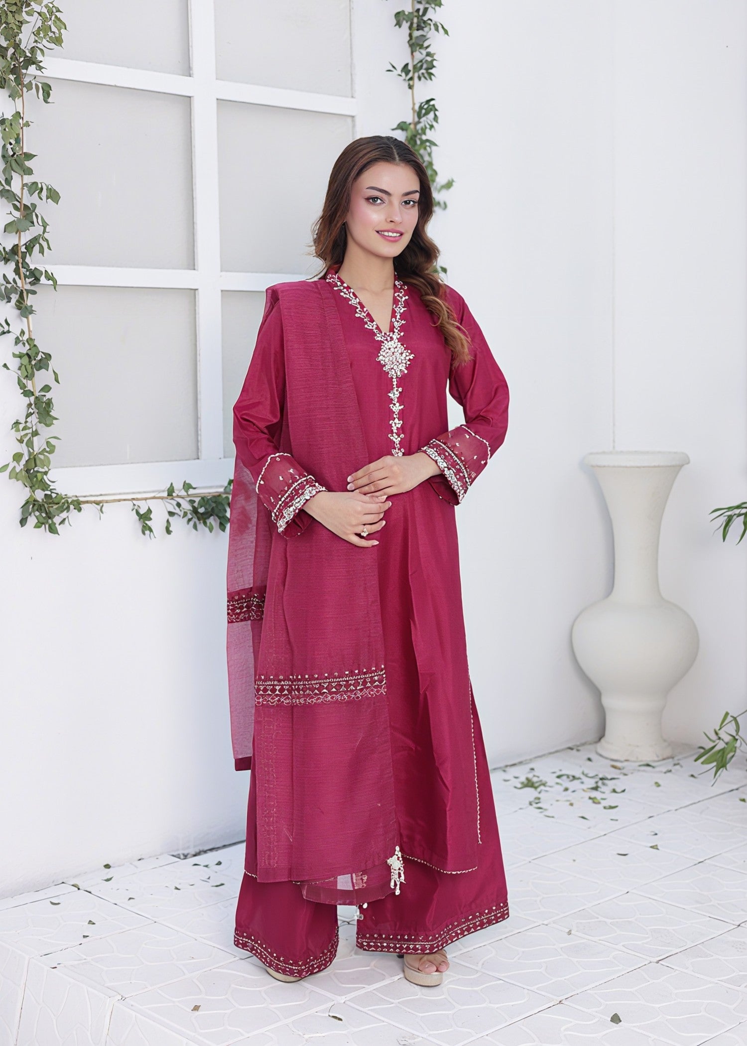 raw silk Kurta Set in Deep carmine