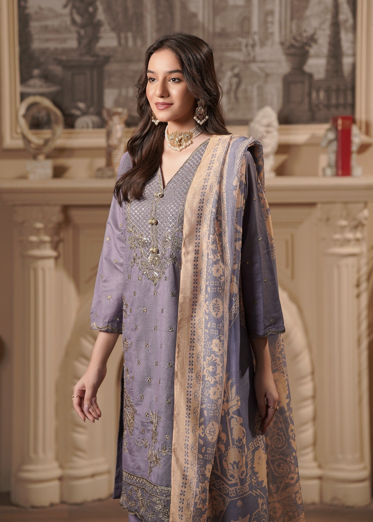 khaddi net Kurta Set in Mauve