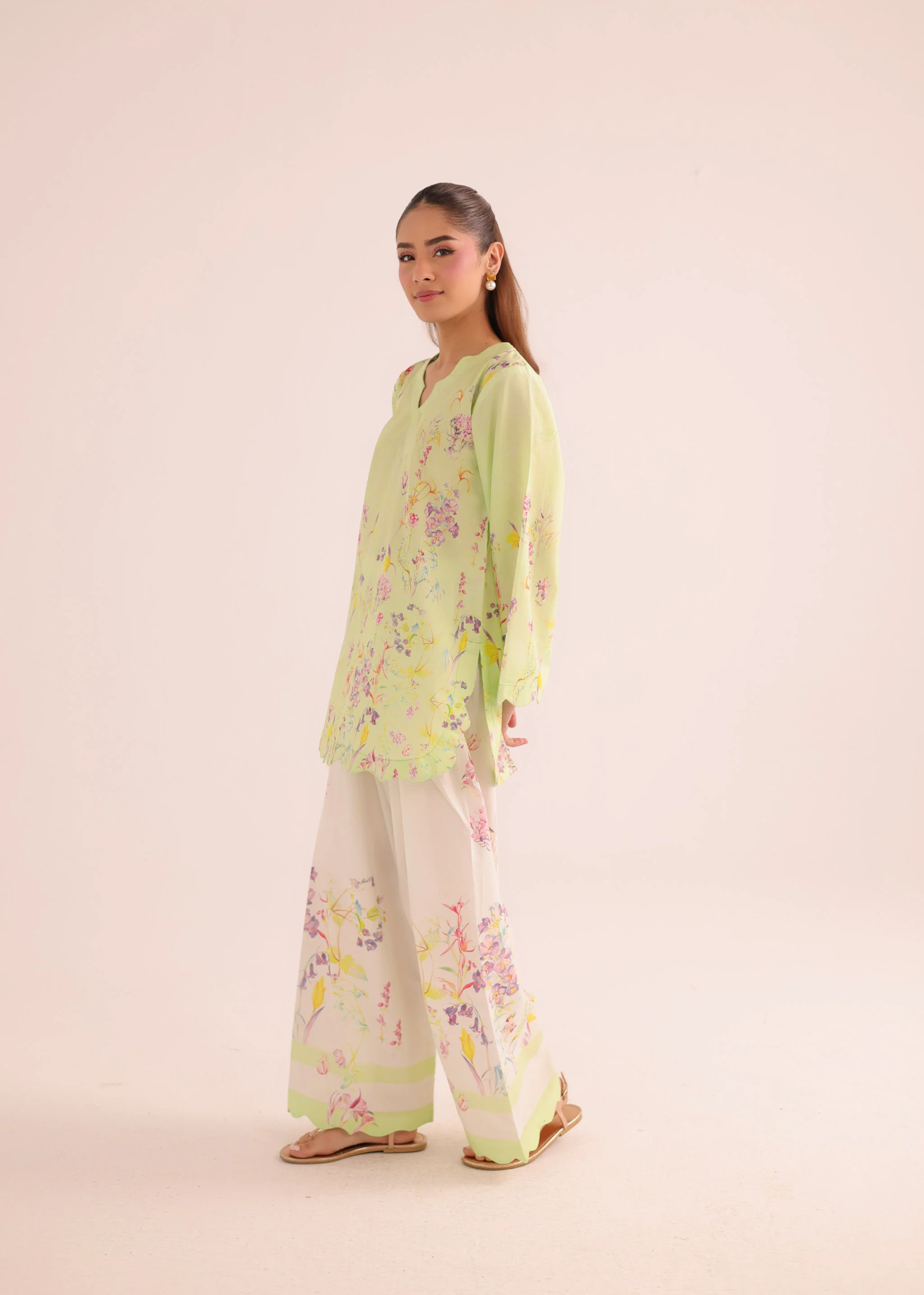 poly lawn Kurta Set in Herb green