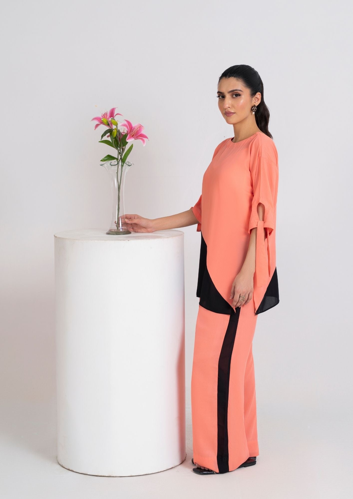 georgette Tunic in Peach orange, black
