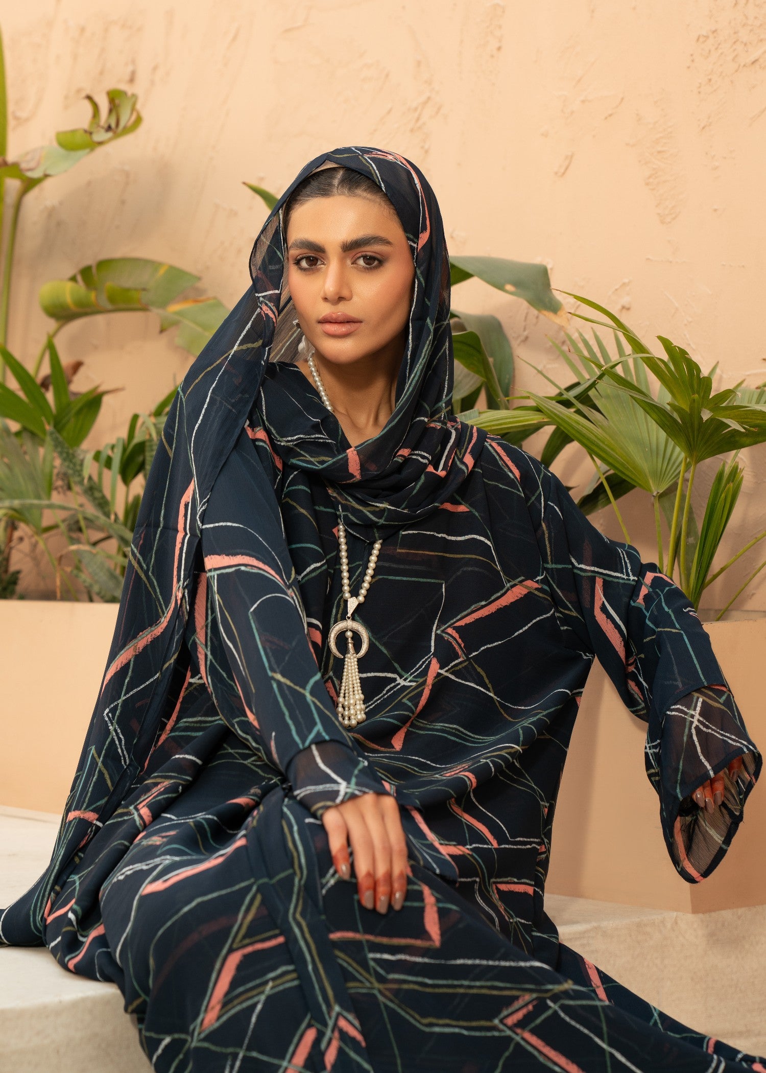 chiffon Abaya in Multi, midnight blue