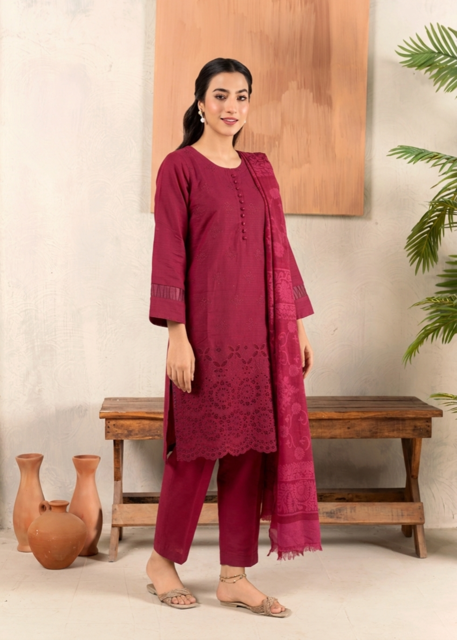 cotton satin Kurta Set in Carmine
