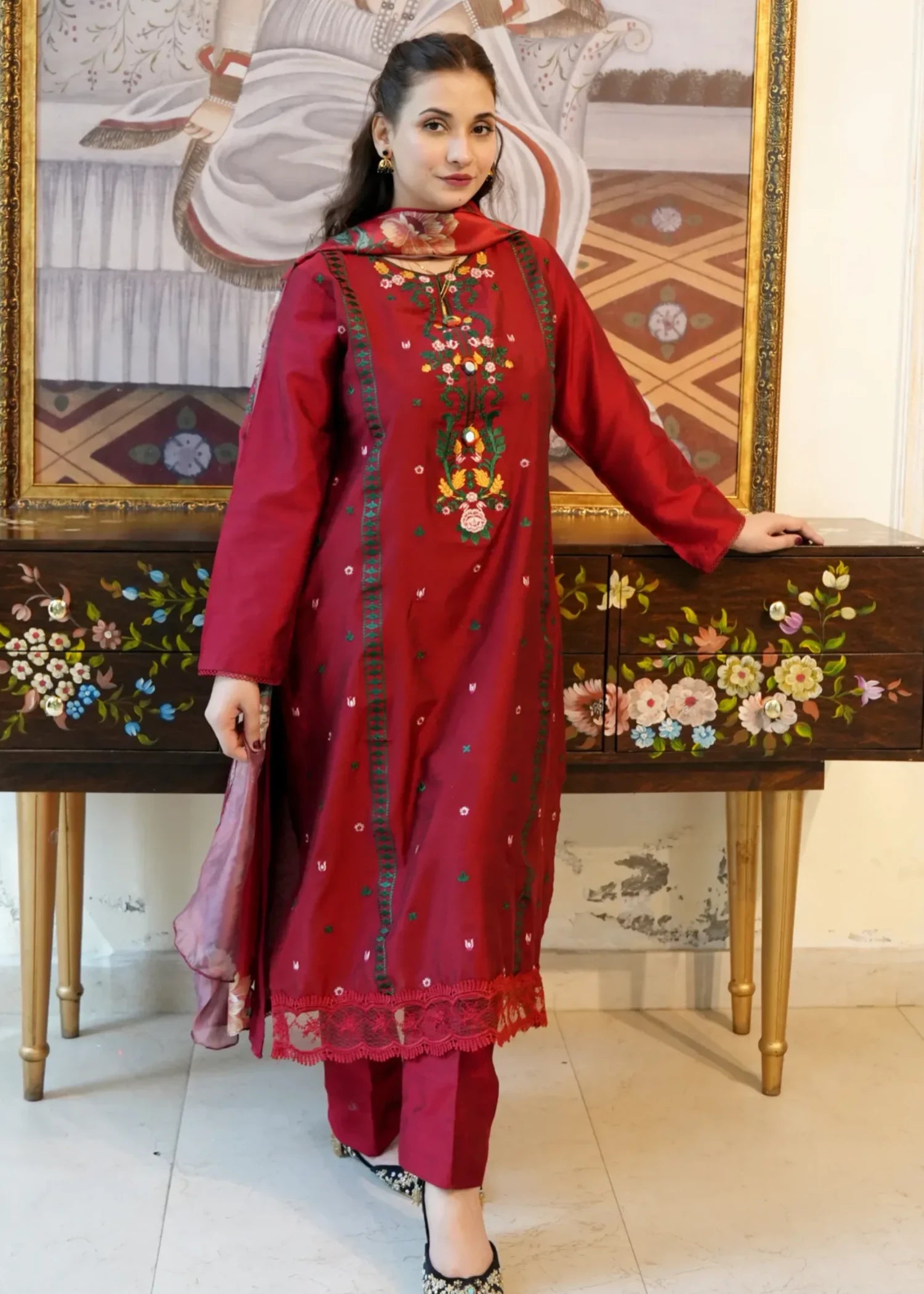 cotton silk Kurta Set in Blood red